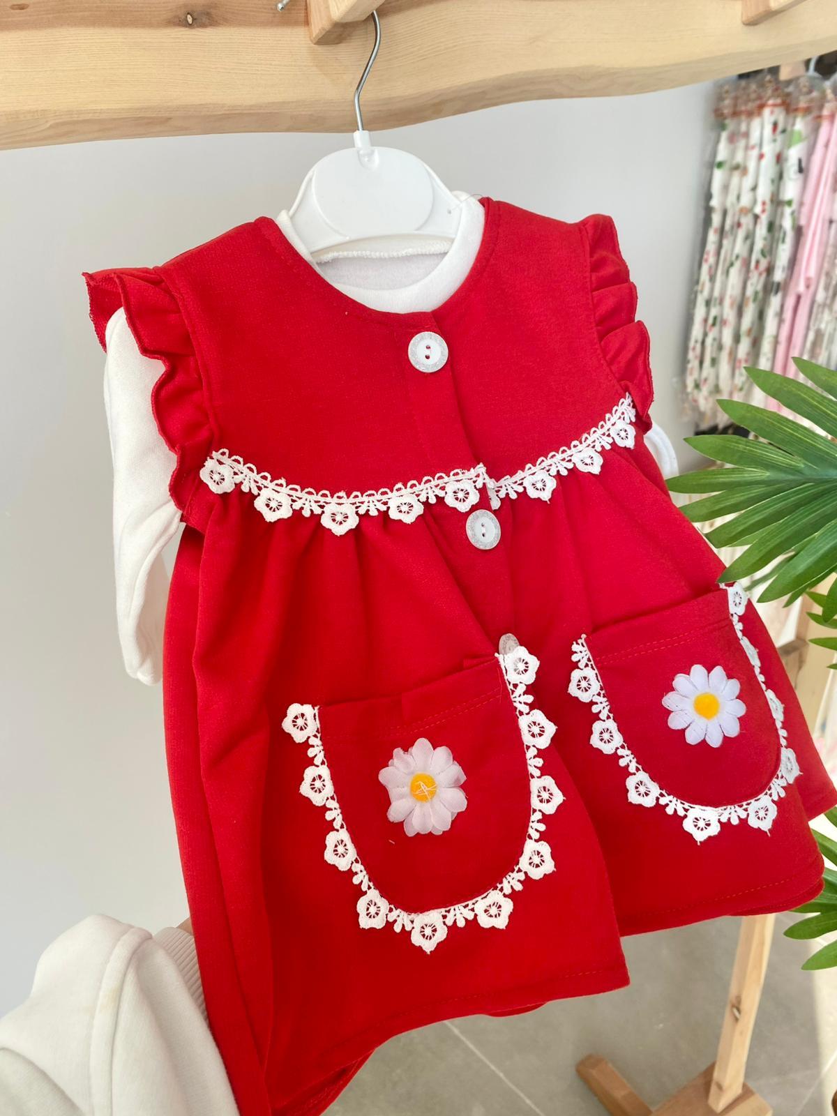 Papatyalı Badili Elbise Kırmızı