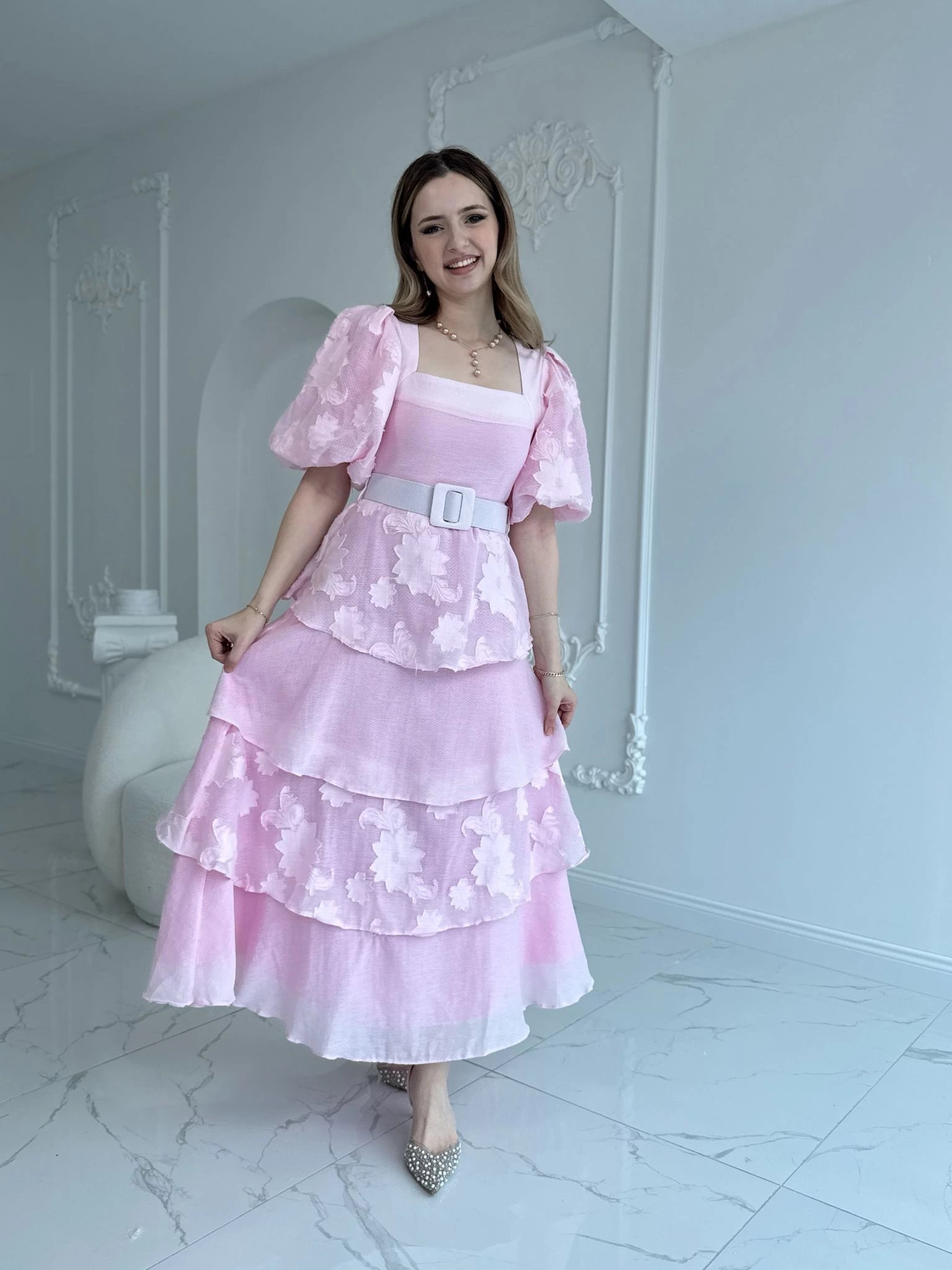 Balon Kol Kat Kat Kare Yaka Prenses Pembe Elbise