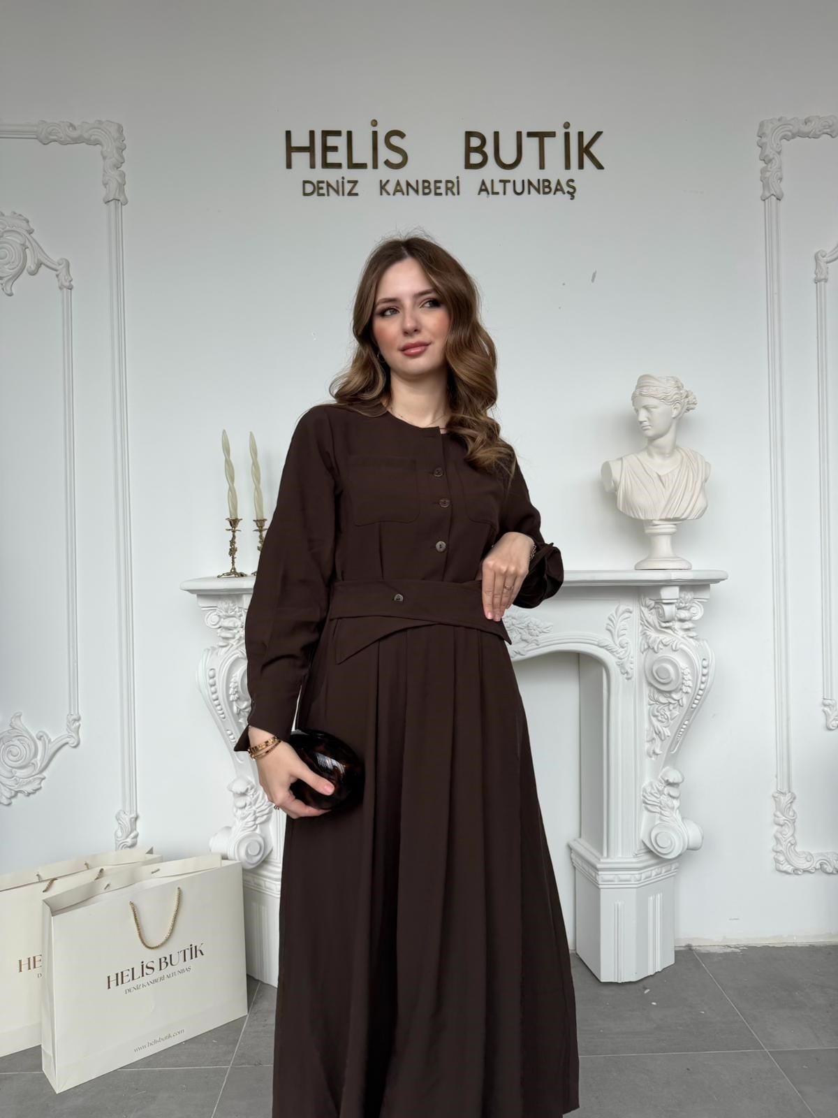 Çapraz Detay Belden Bağlamalı Gömlek Elbise - Kahve