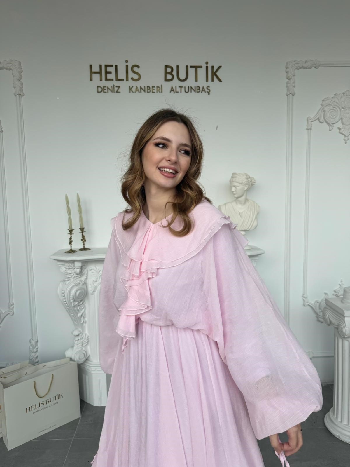 Fırfır Detaylı Pembe Maxi Boy Elbise