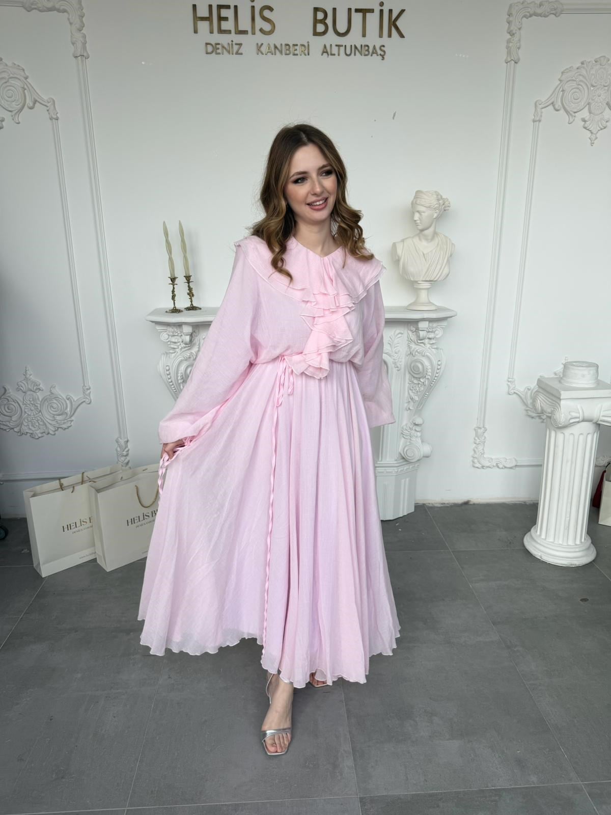 Fırfır Detaylı Pembe Maxi Boy Elbise