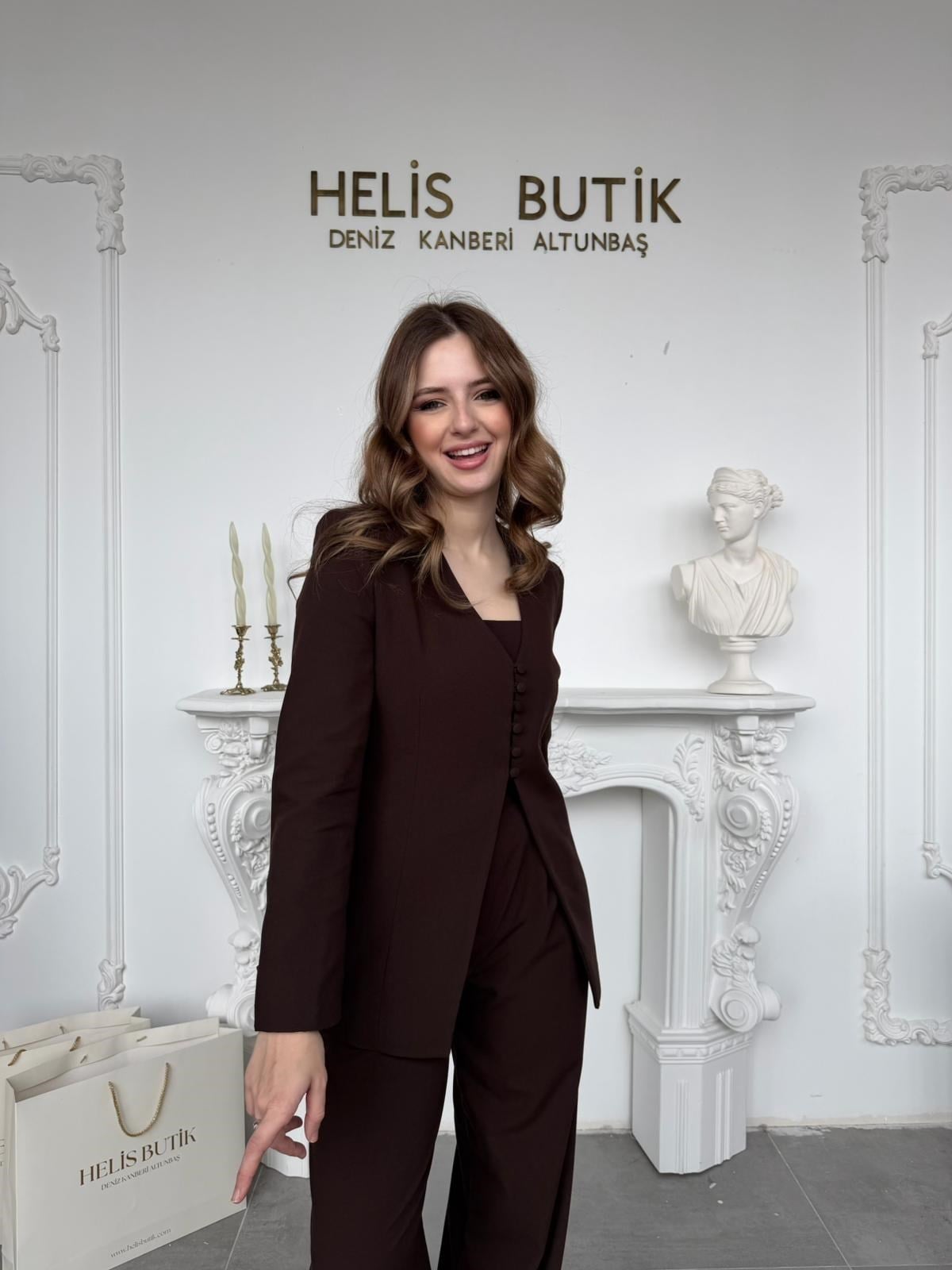 Fular Detaylı Blazer Ceket ve Pantolon Takımı - Kahve
