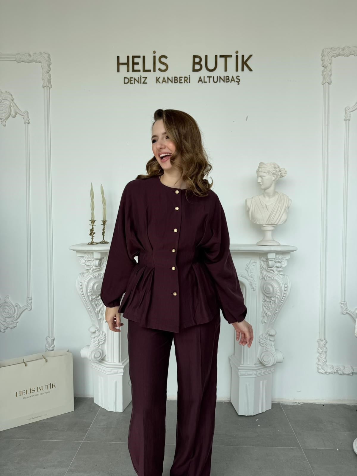 Piliseli Bel Detaylı Gömlek & Pantolon Takımı - Mürdüm