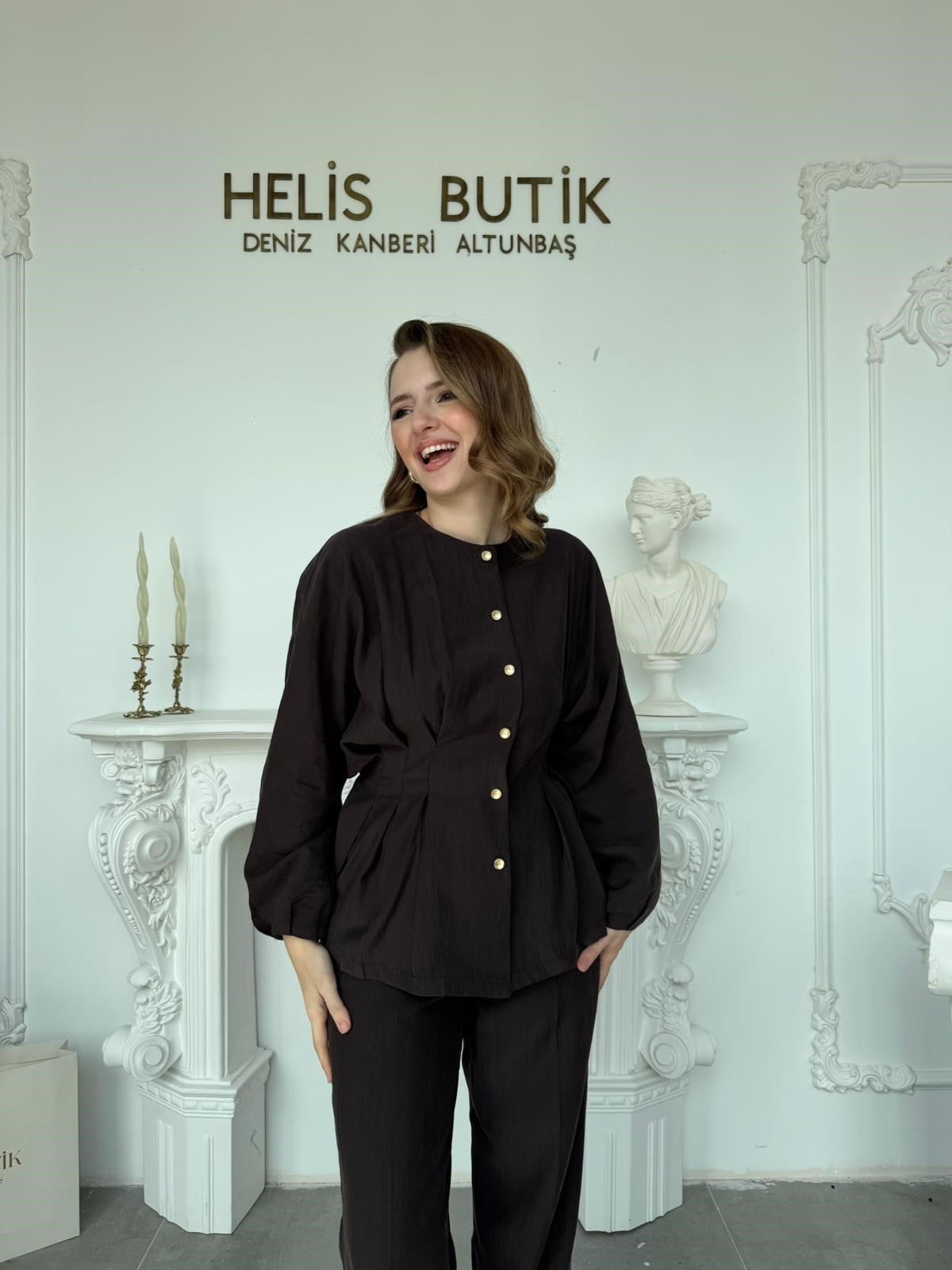 Piliseli Bel Detaylı Gömlek & Pantolon Takımı - Kahve