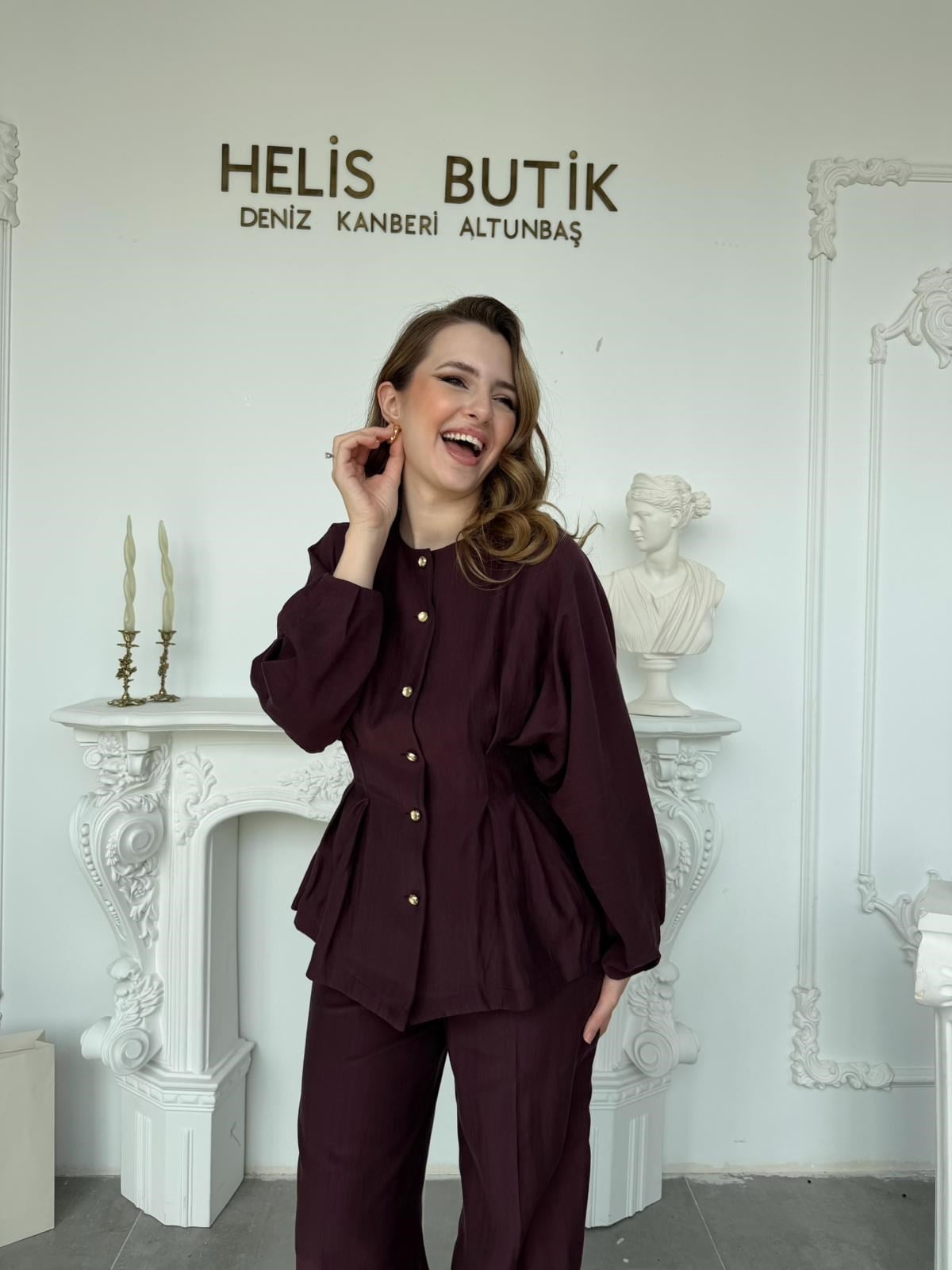 Piliseli Bel Detaylı Gömlek & Pantolon Takımı - Mürdüm