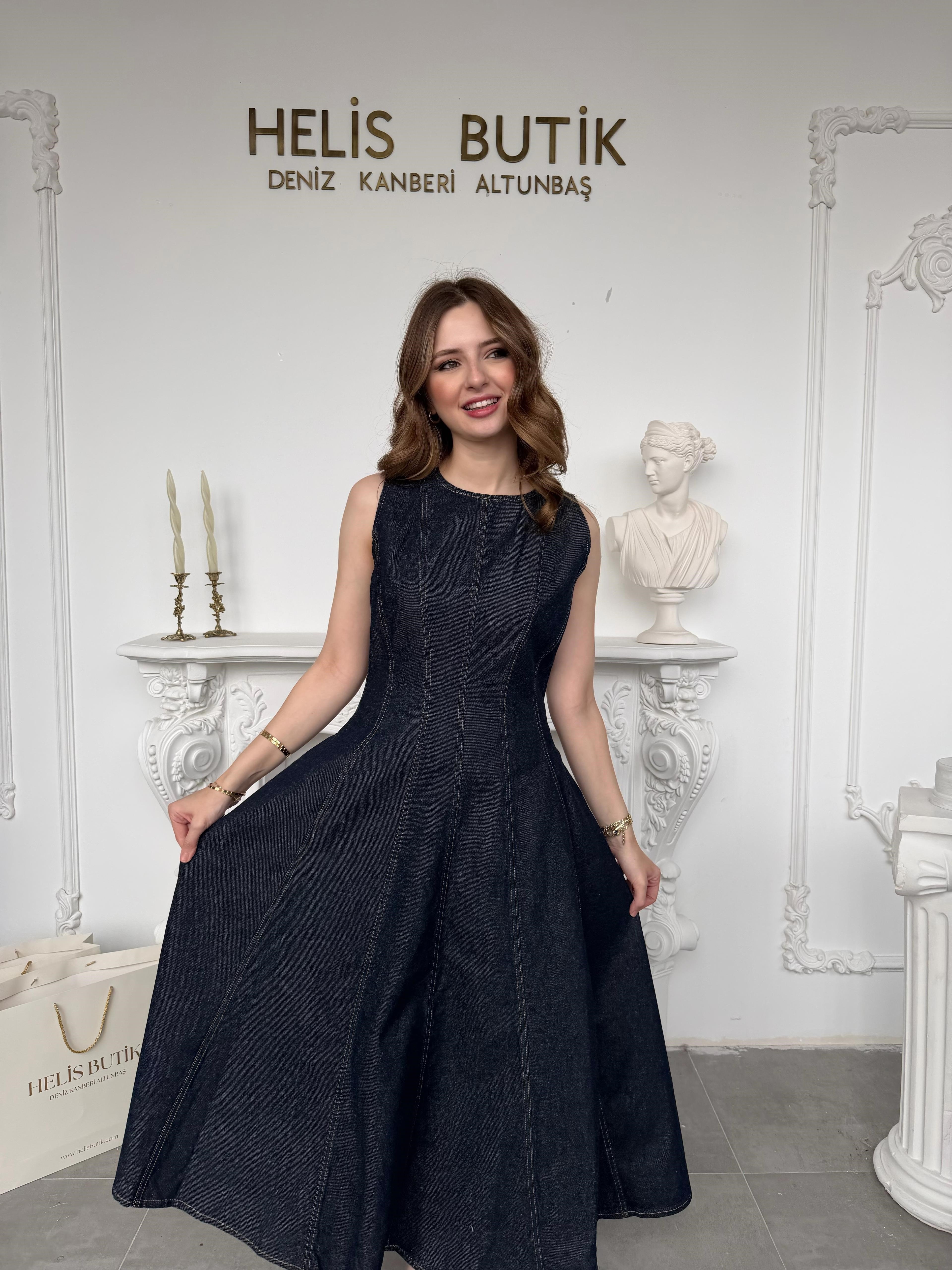 Prenses Kesim Kloş Denim Elbise - Koyu Mavi