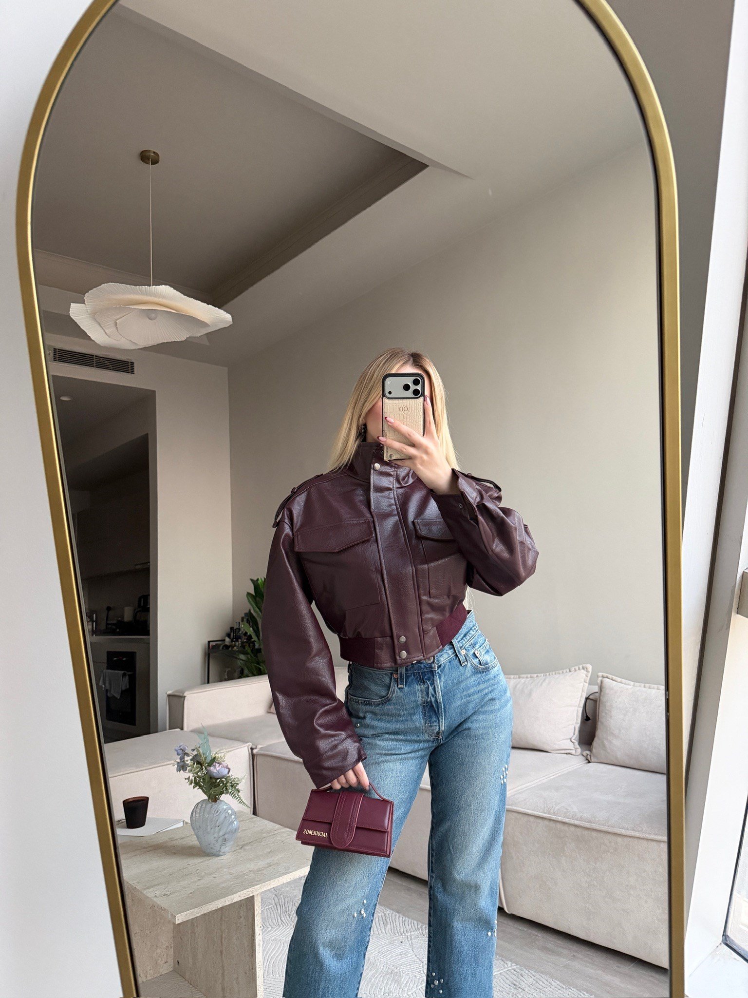 ALBERES CEP DETAY DERİ CEKET BORDO