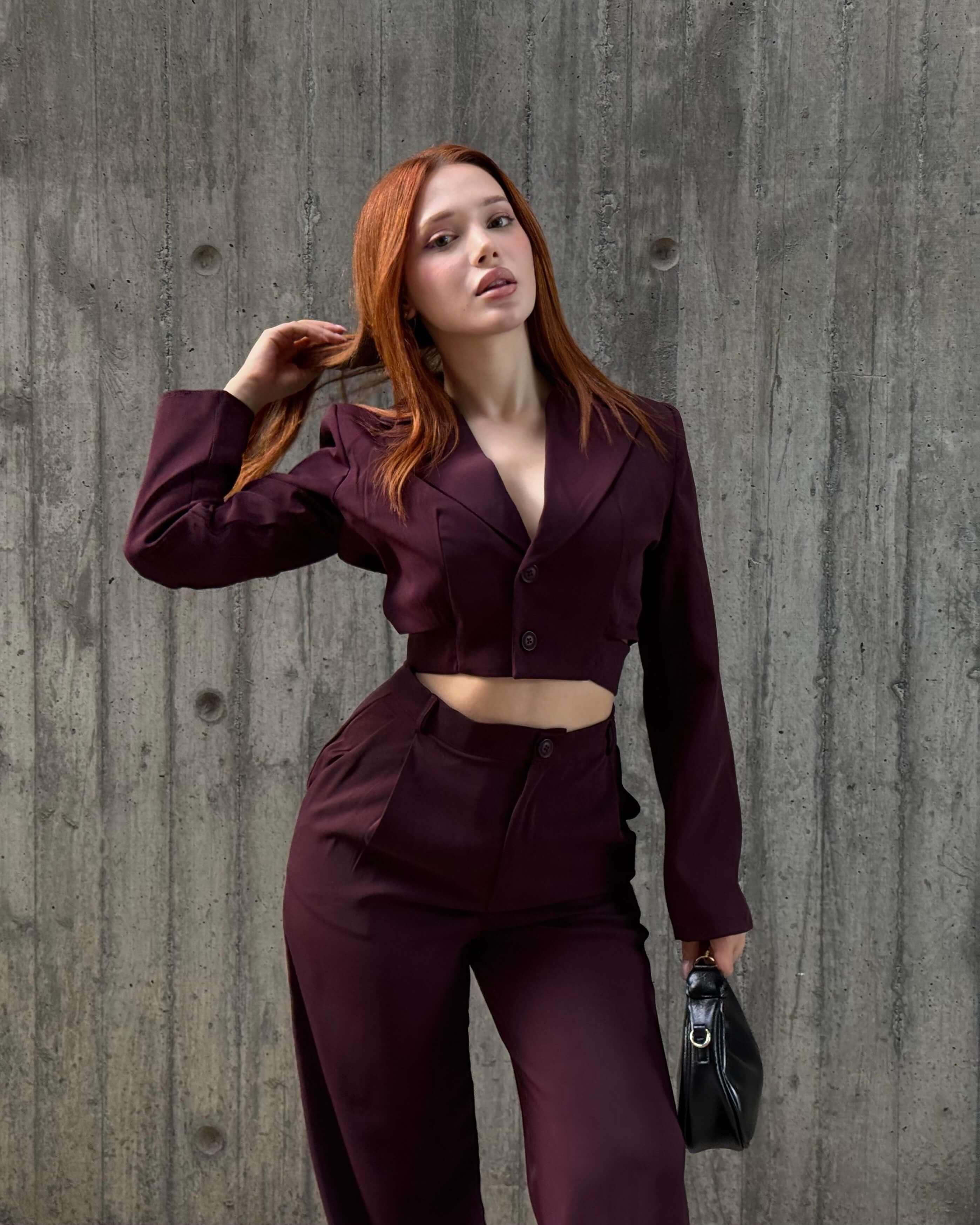 ALİSHA CLARET RED CROP BLAZER PANTOLON TAKIM