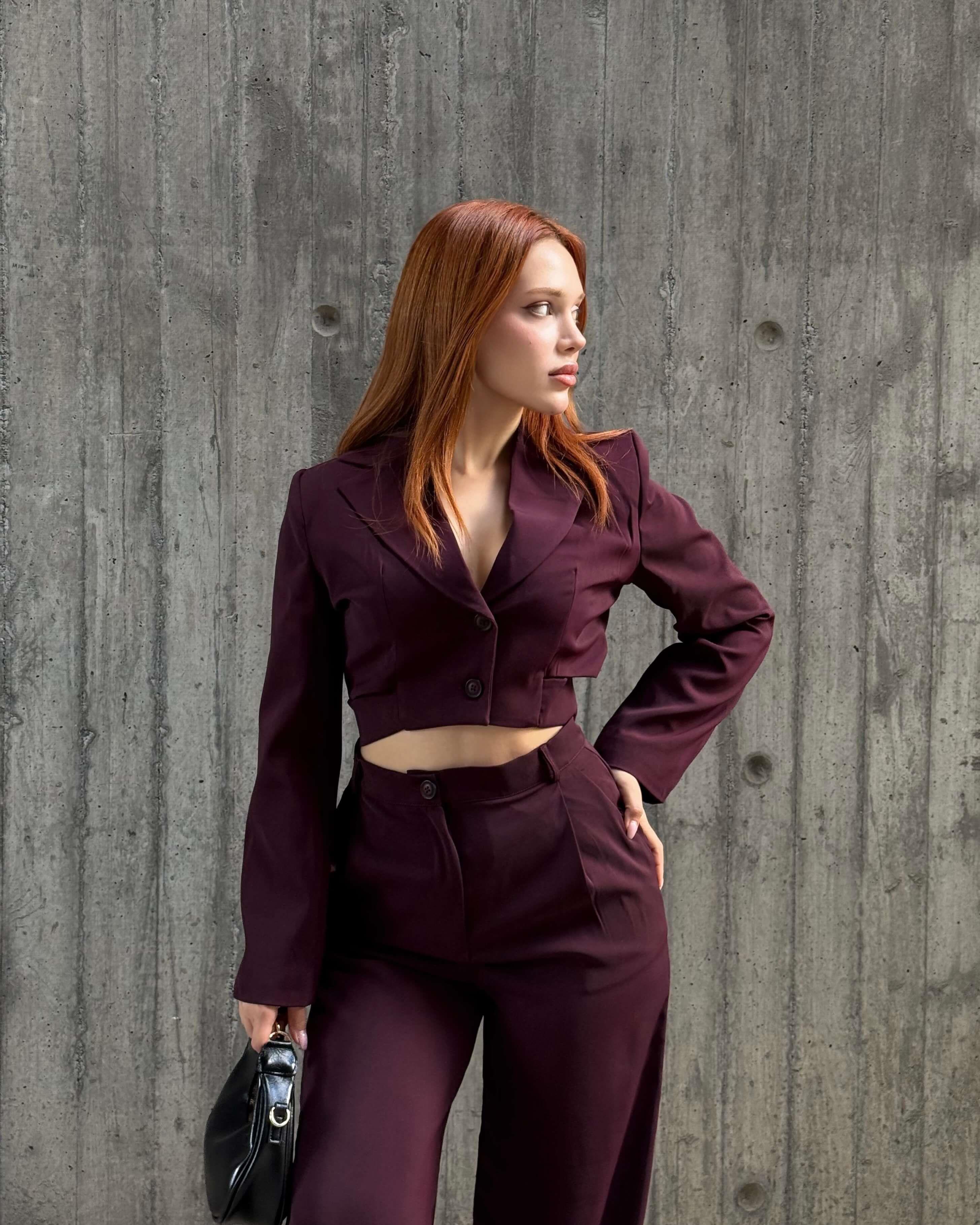 ALİSHA CLARET RED CROP BLAZER PANTOLON TAKIM