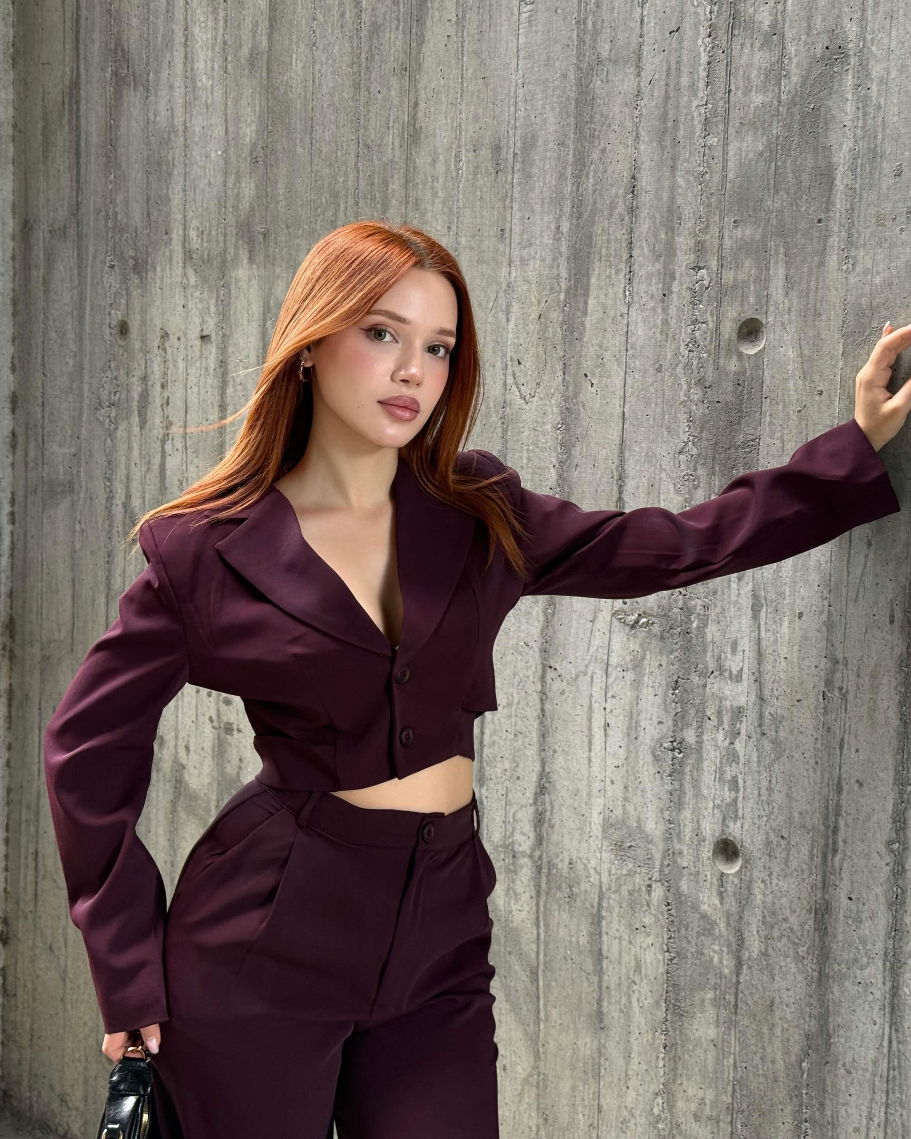ALİSHA CLARET RED CROP BLAZER PANTOLON TAKIM