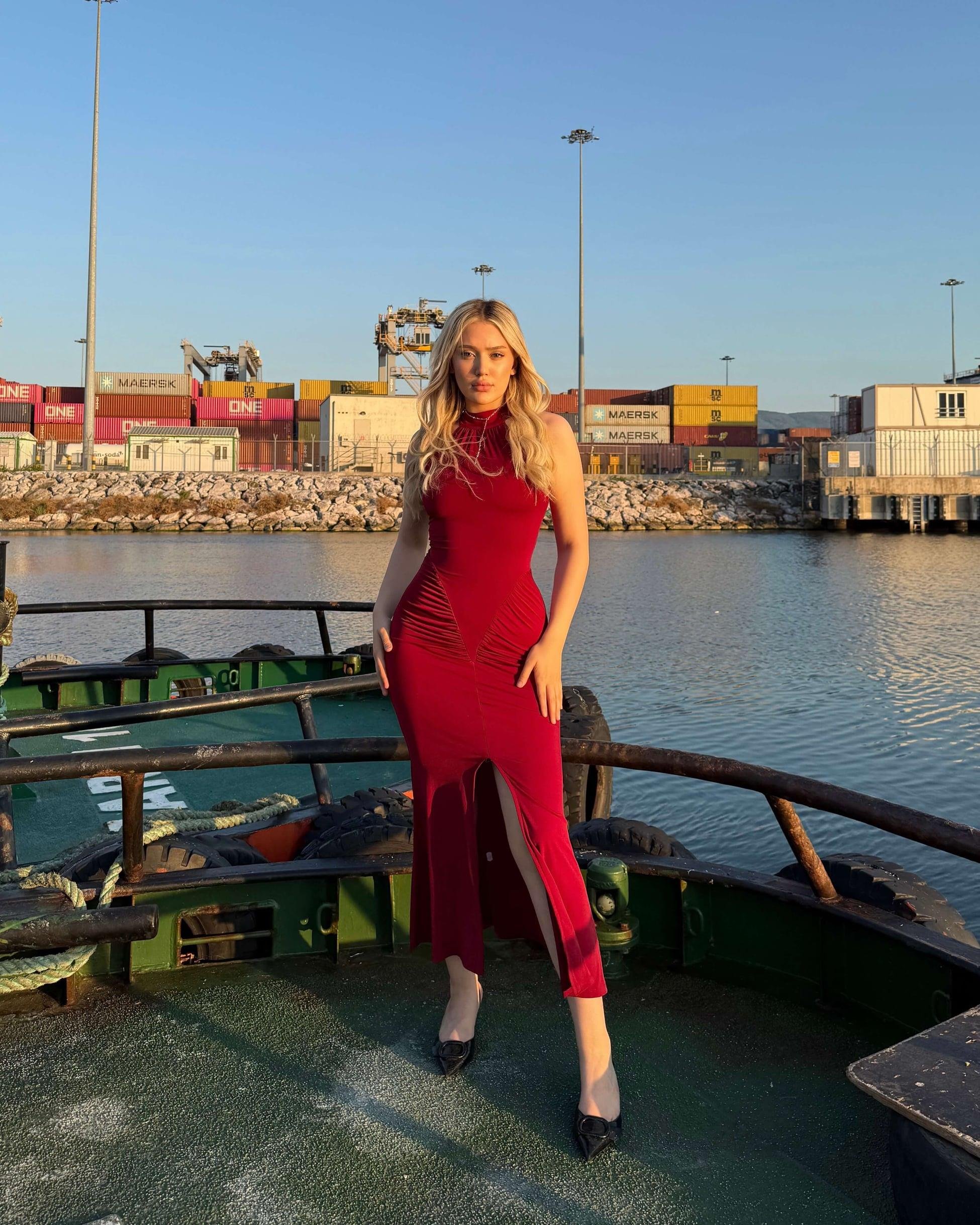 BLAME CLARET RED HALTER YAKA YIRTMAÇLI ELBİSE