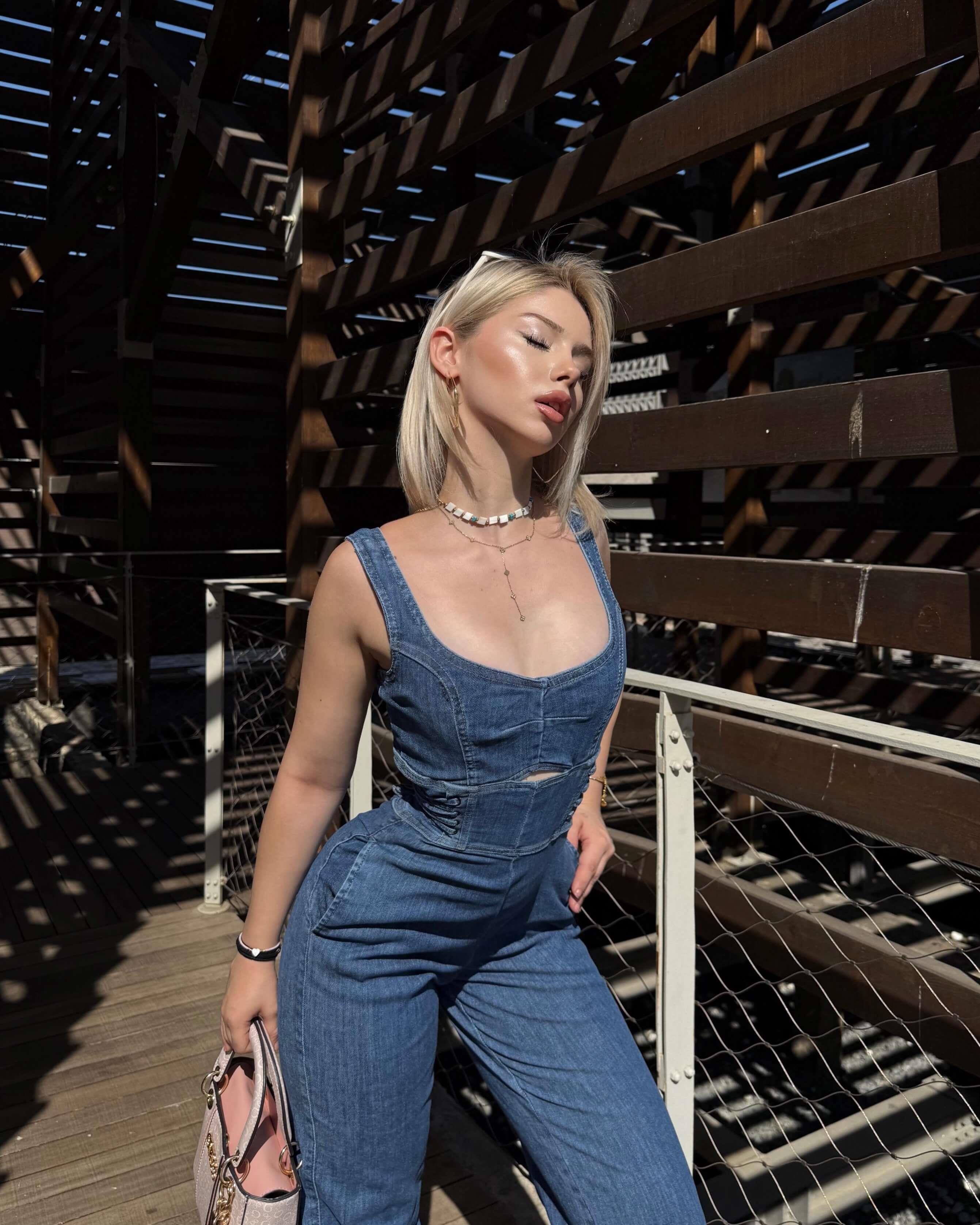 CLAVA BLUE YAN BAĞCIK DETAY KOT TULUM