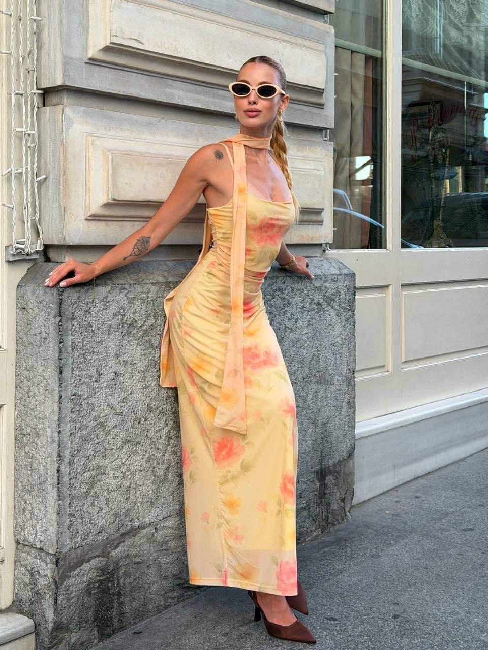 ELENİ FULARLI MİDİ ELBİSE SARI