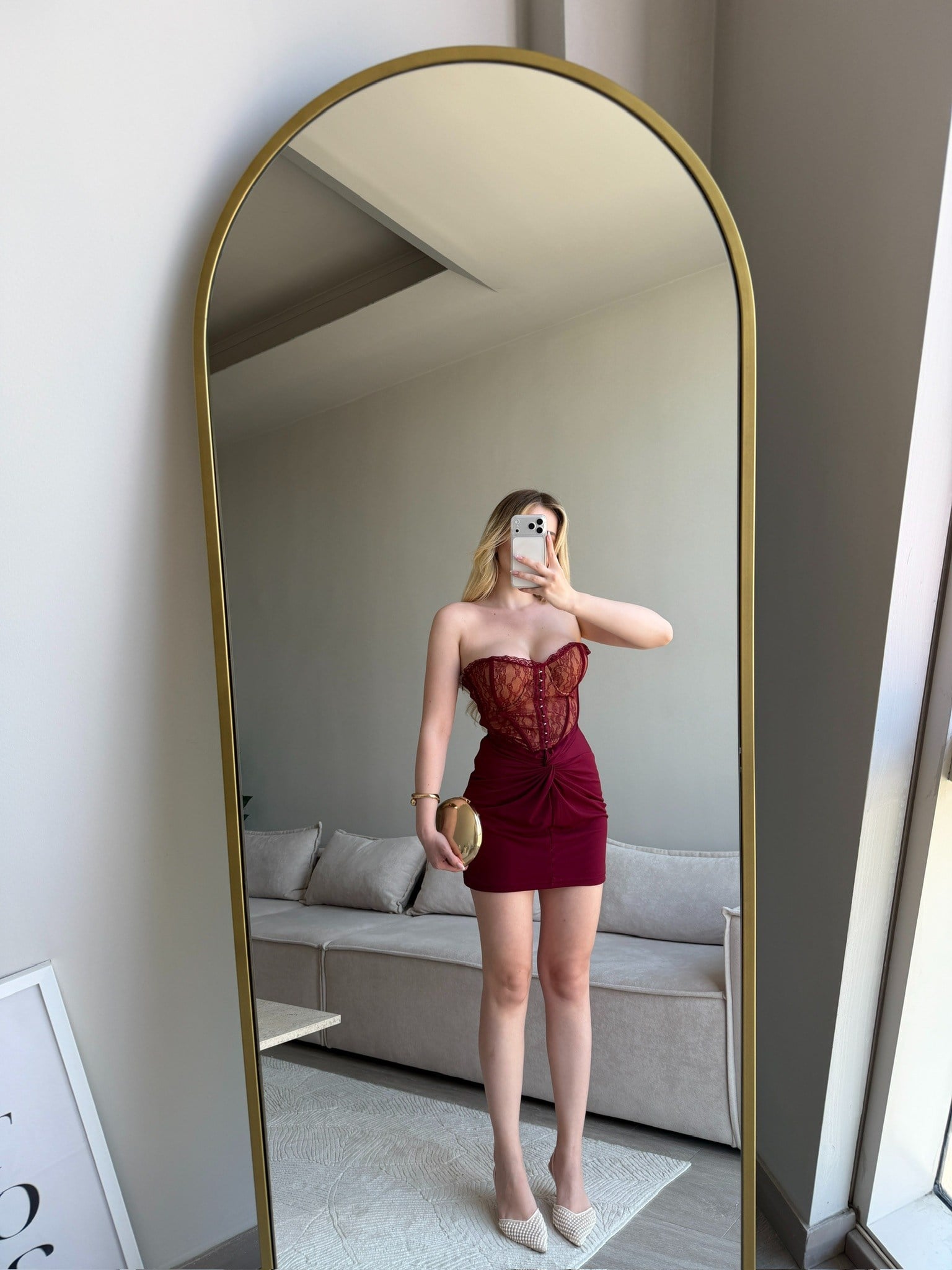 GALLARATE MİNİ BORDO KORSE DANTEL DETAY ELBİSE