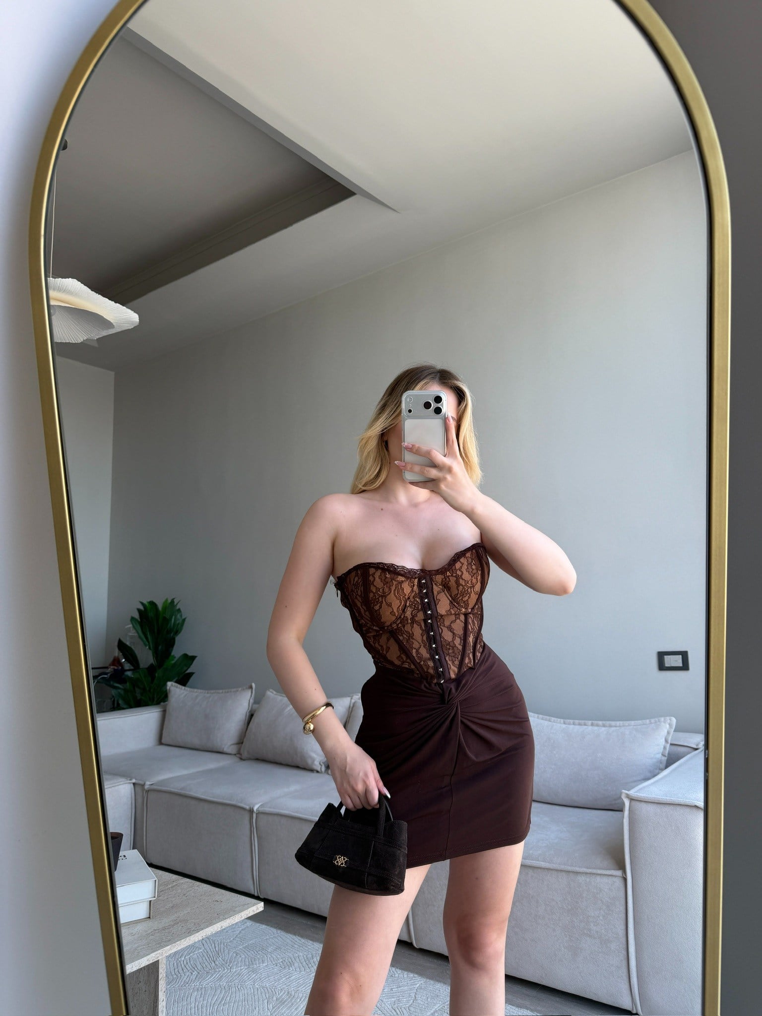 GALLARATE MİNİ KAHVE KORSE DANTEL DETAY ELBİSE