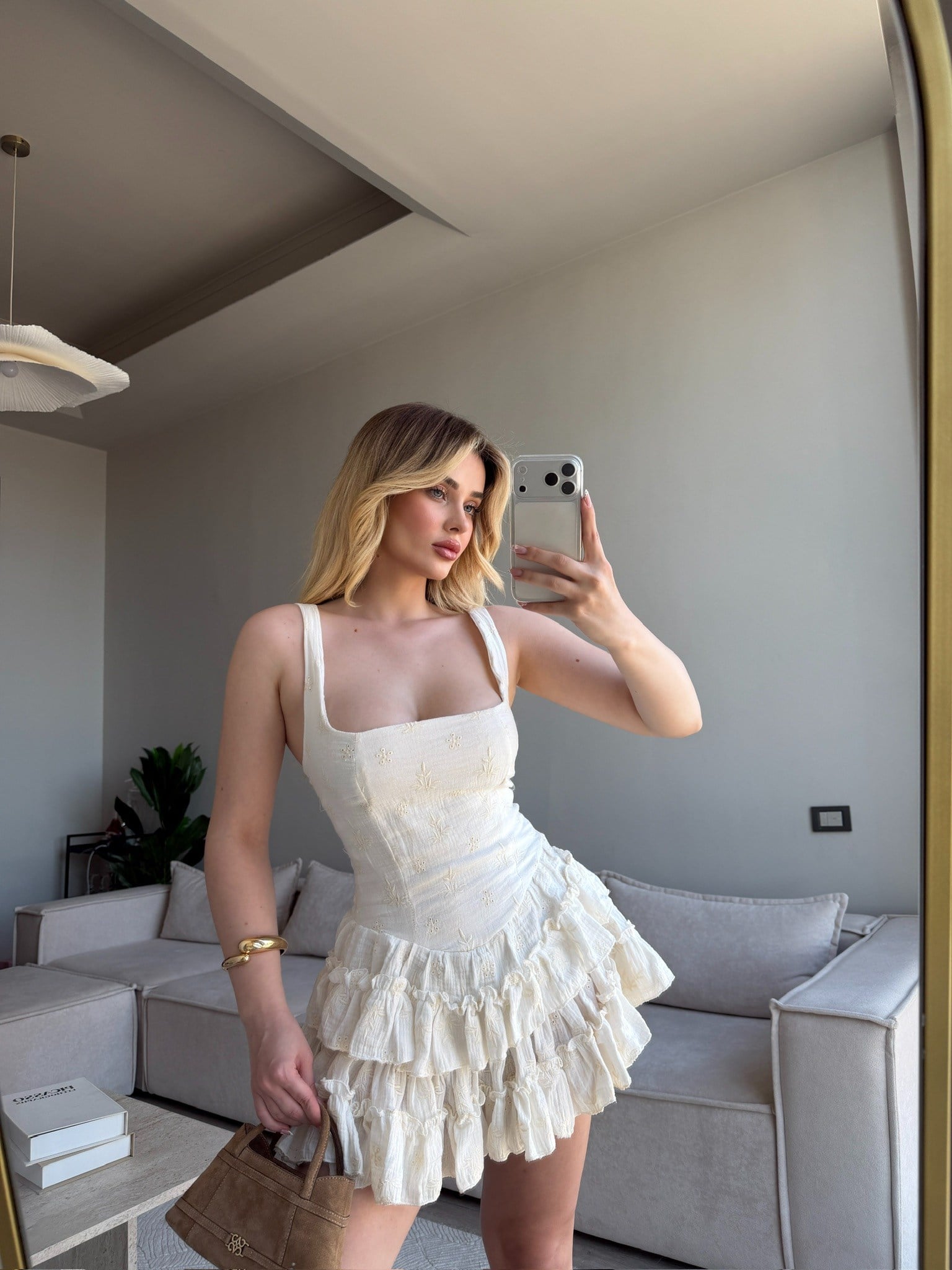 LANTHE FIRFIR ETEKLİ ELBİSE BEYAZ