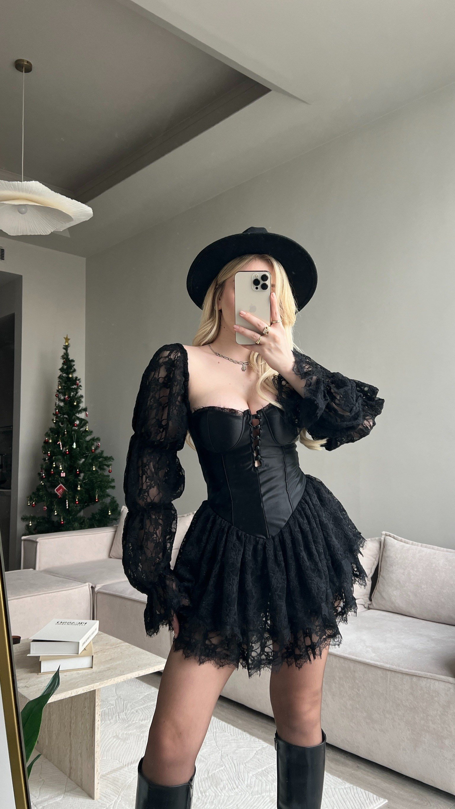 Nırva Black Dantel Kolluklu Elbise