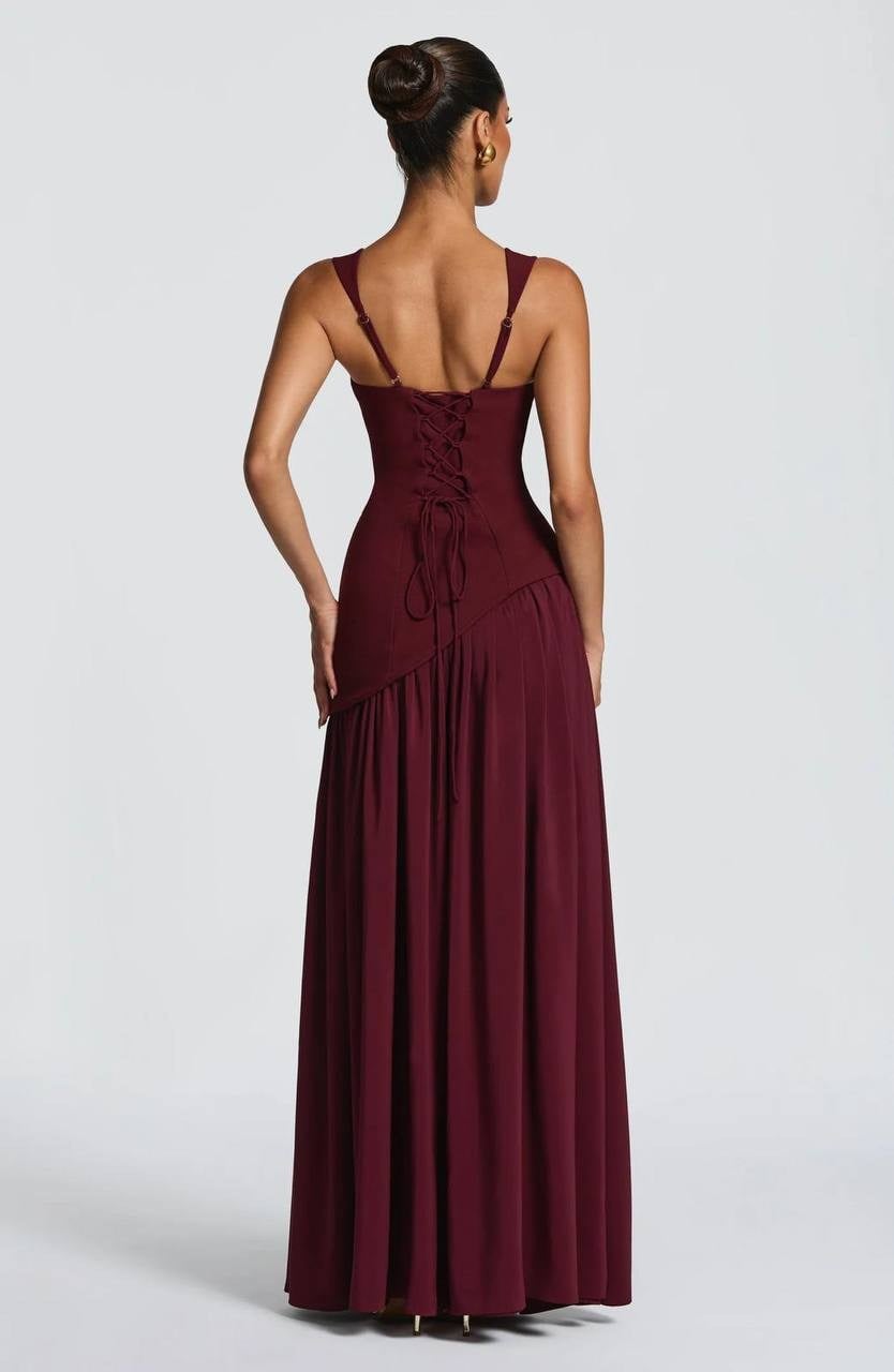 RİOMA SIRT DETAYLI MAXİ BOY ELBİSE BORDO
