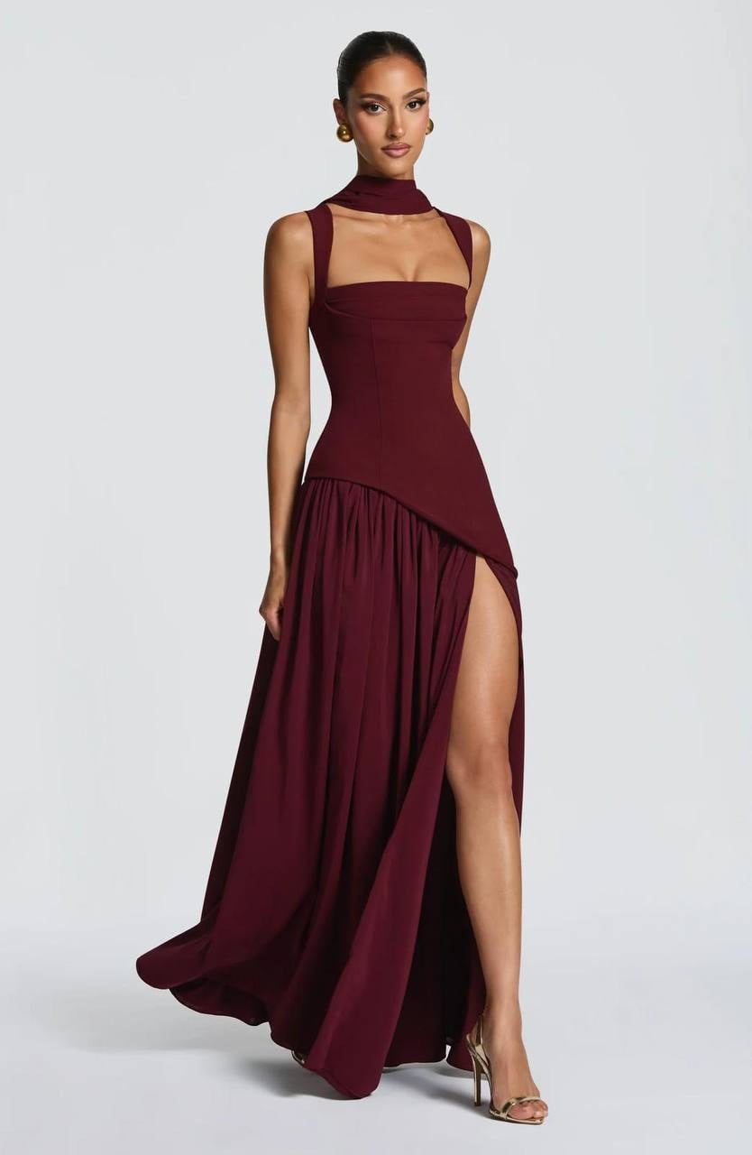 RİOMA SIRT DETAYLI MAXİ BOY ELBİSE BORDO