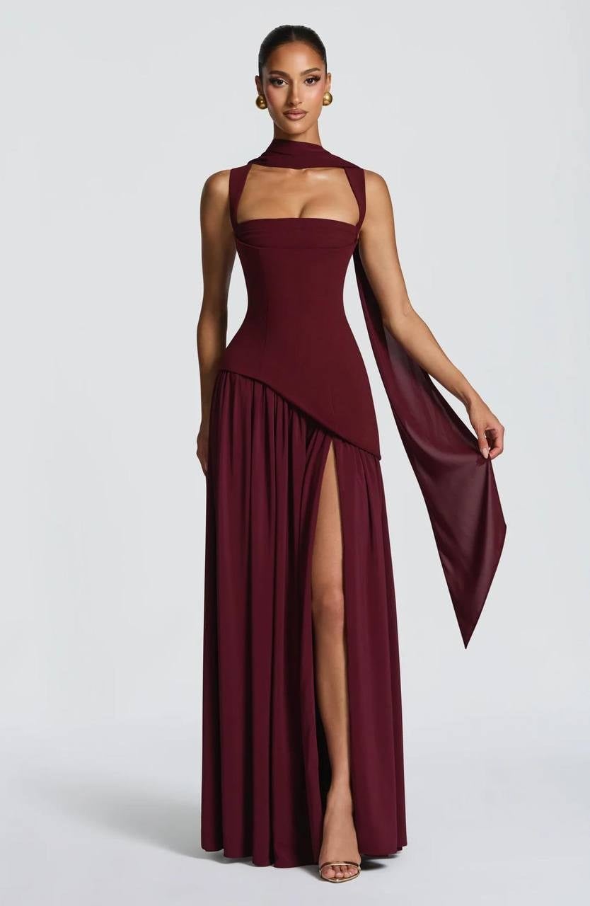 RİOMA SIRT DETAYLI MAXİ BOY ELBİSE BORDO