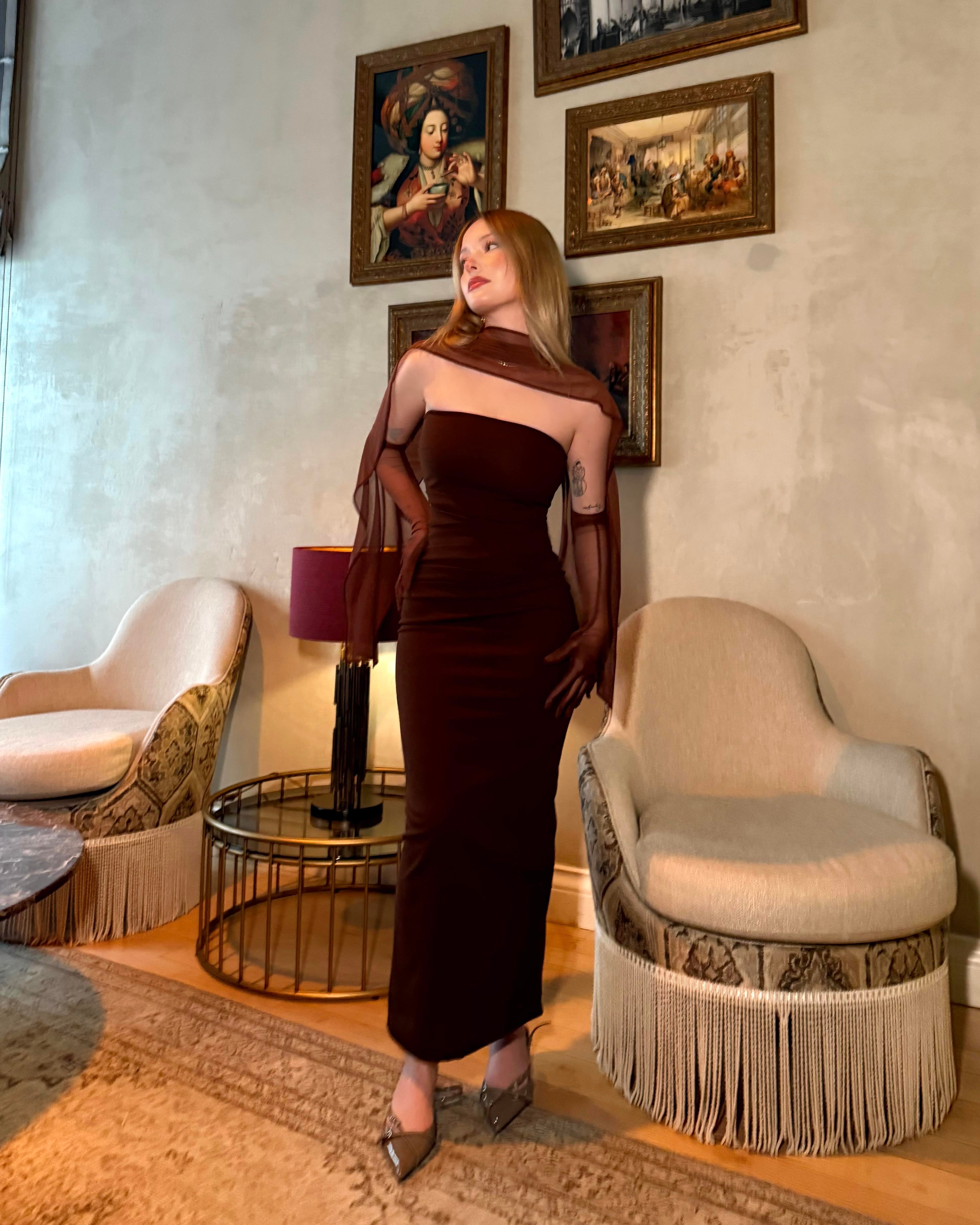 Scrabe Brown Eldivenli Elbise 