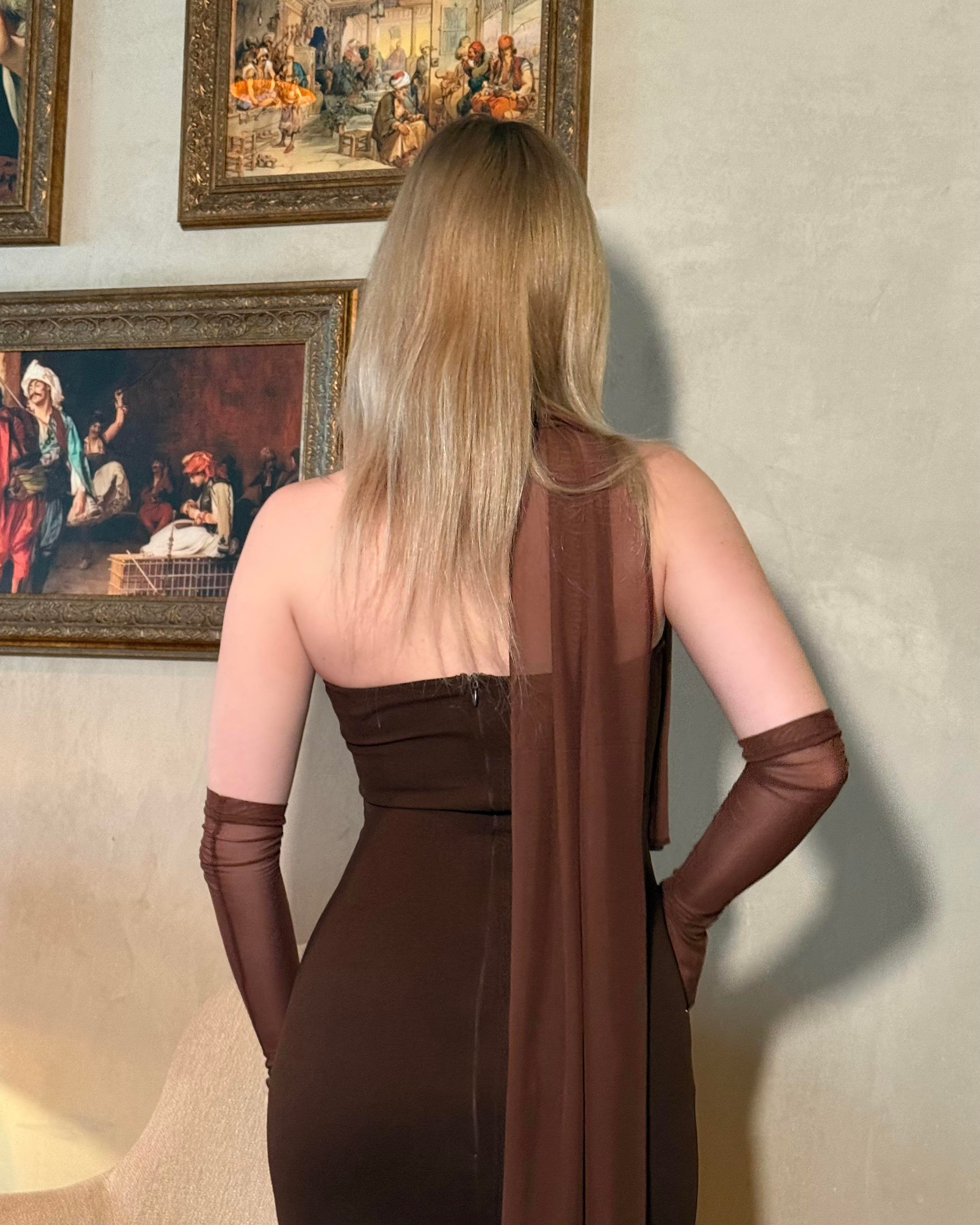 Scrabe Brown Eldivenli Elbise 