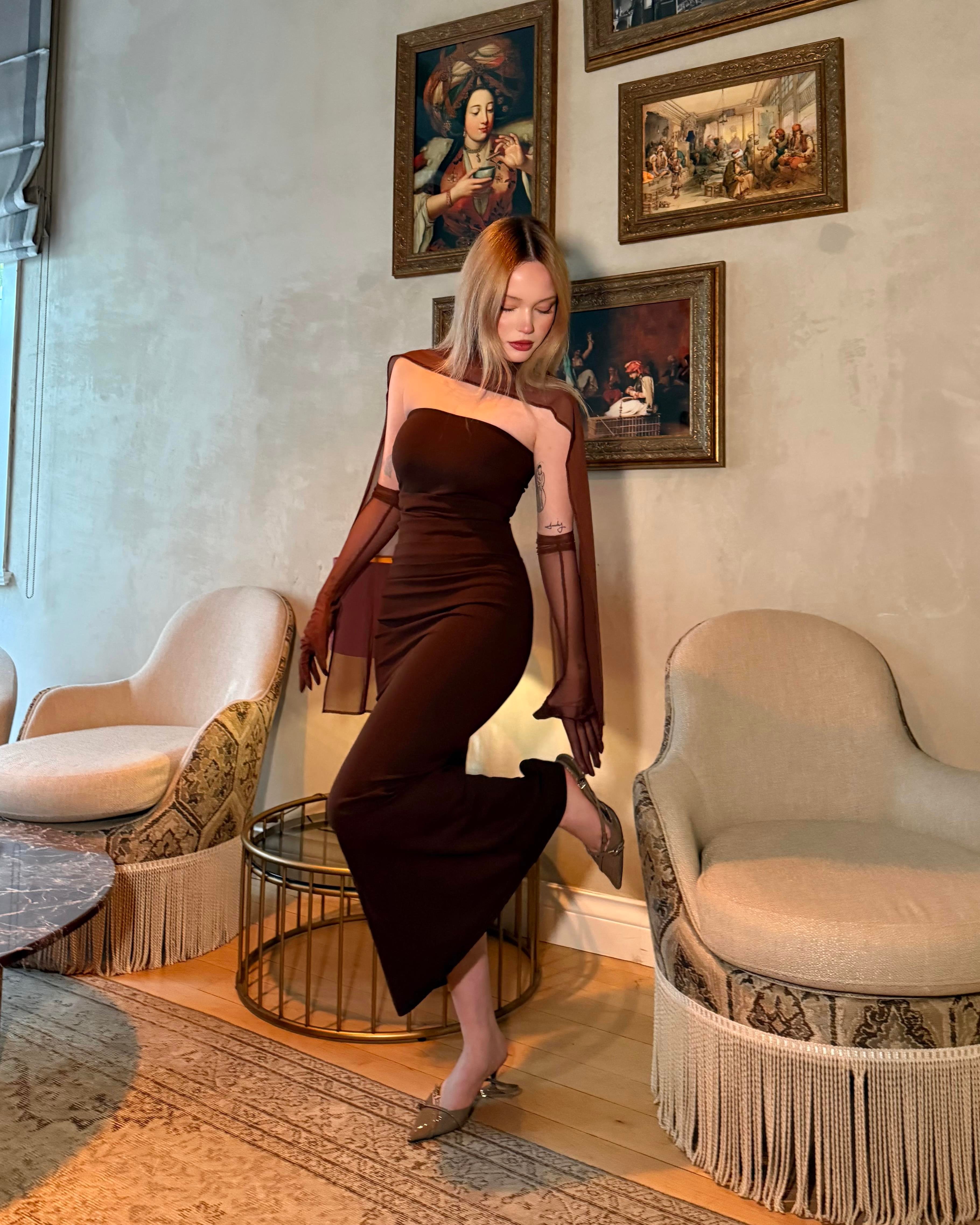 Scrabe Brown Eldivenli Elbise 