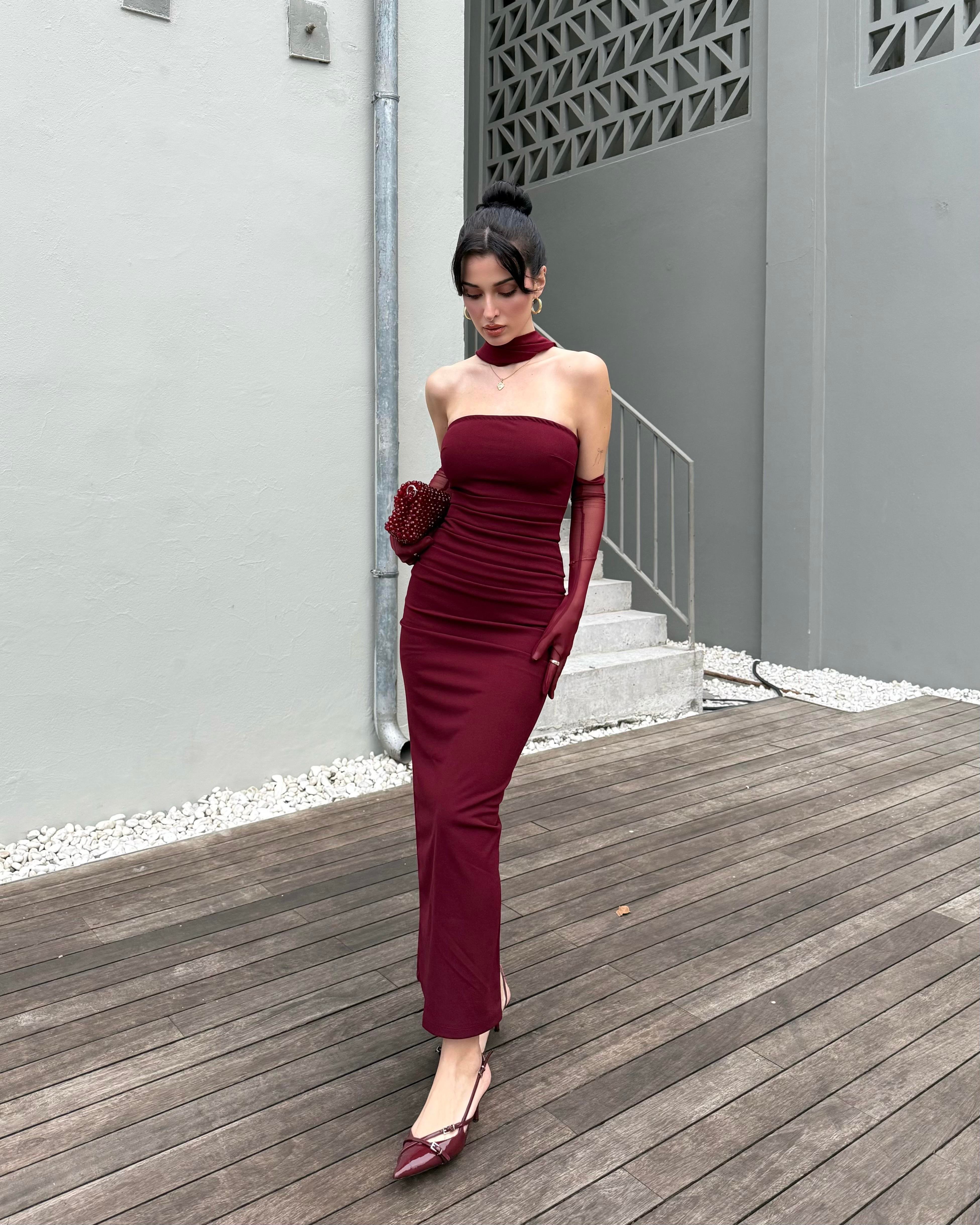 Scrabe Claret Red Eldivenli Elbise