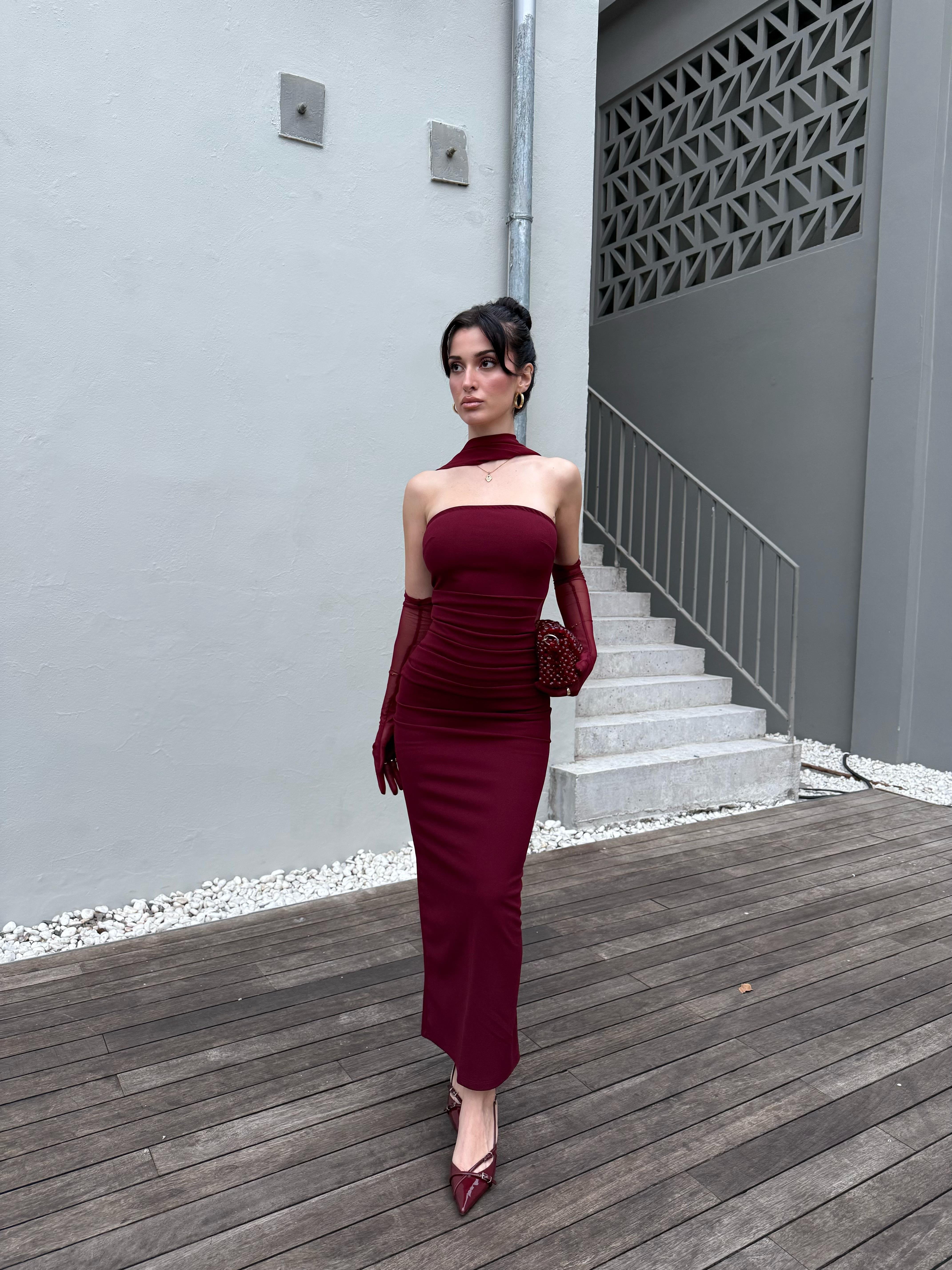 Scrabe Claret Red Eldivenli Elbise