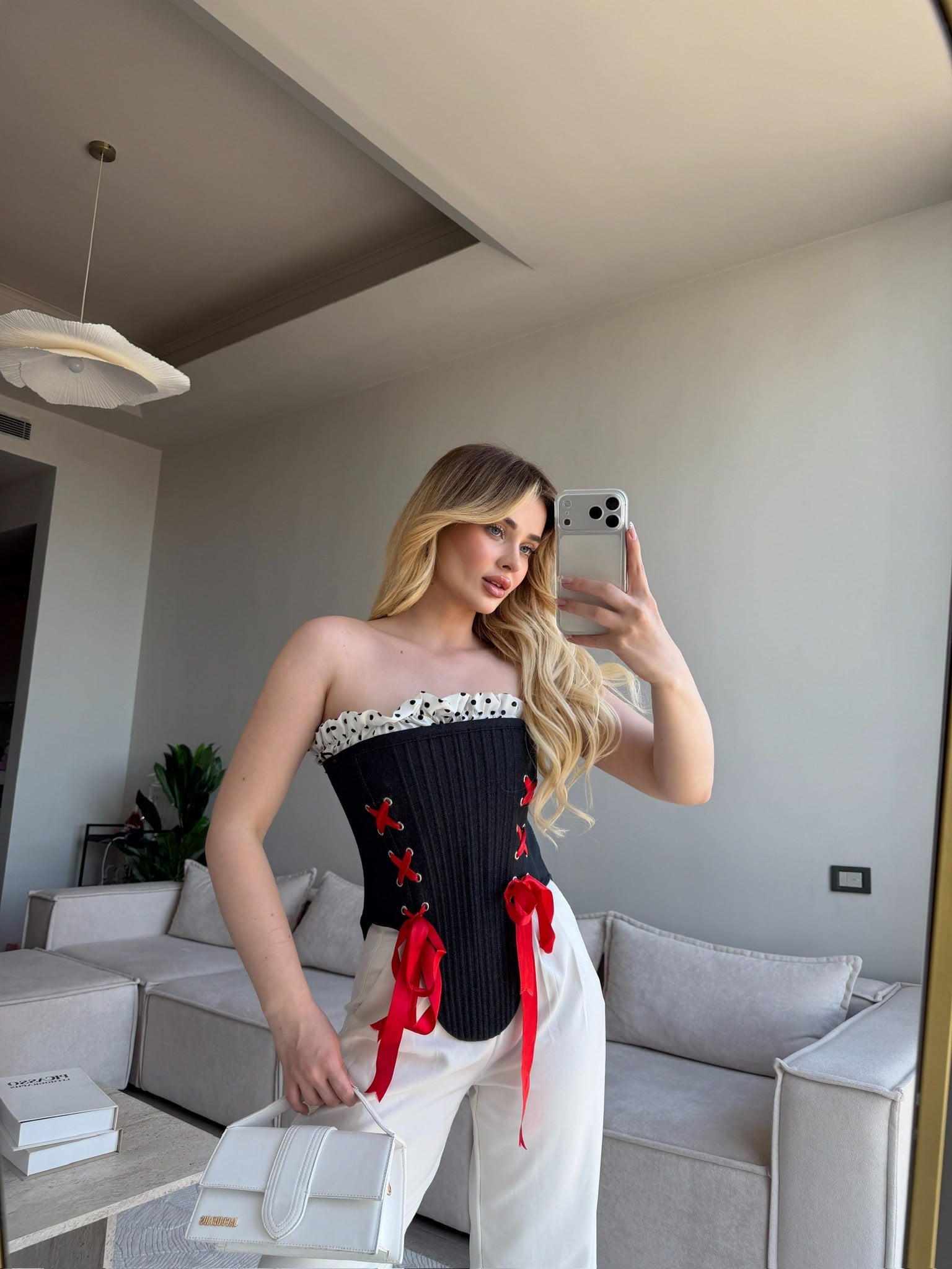 TULİPA KIRMIZI KURDELELİ KORSE BLUZ