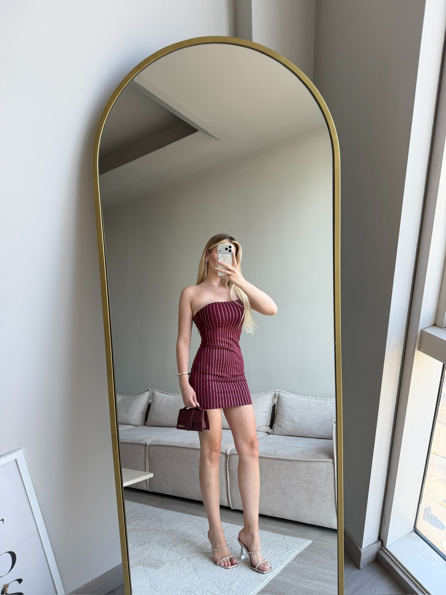 Zwilling Burgundy Taş Çizgi Detay Mini Elbise