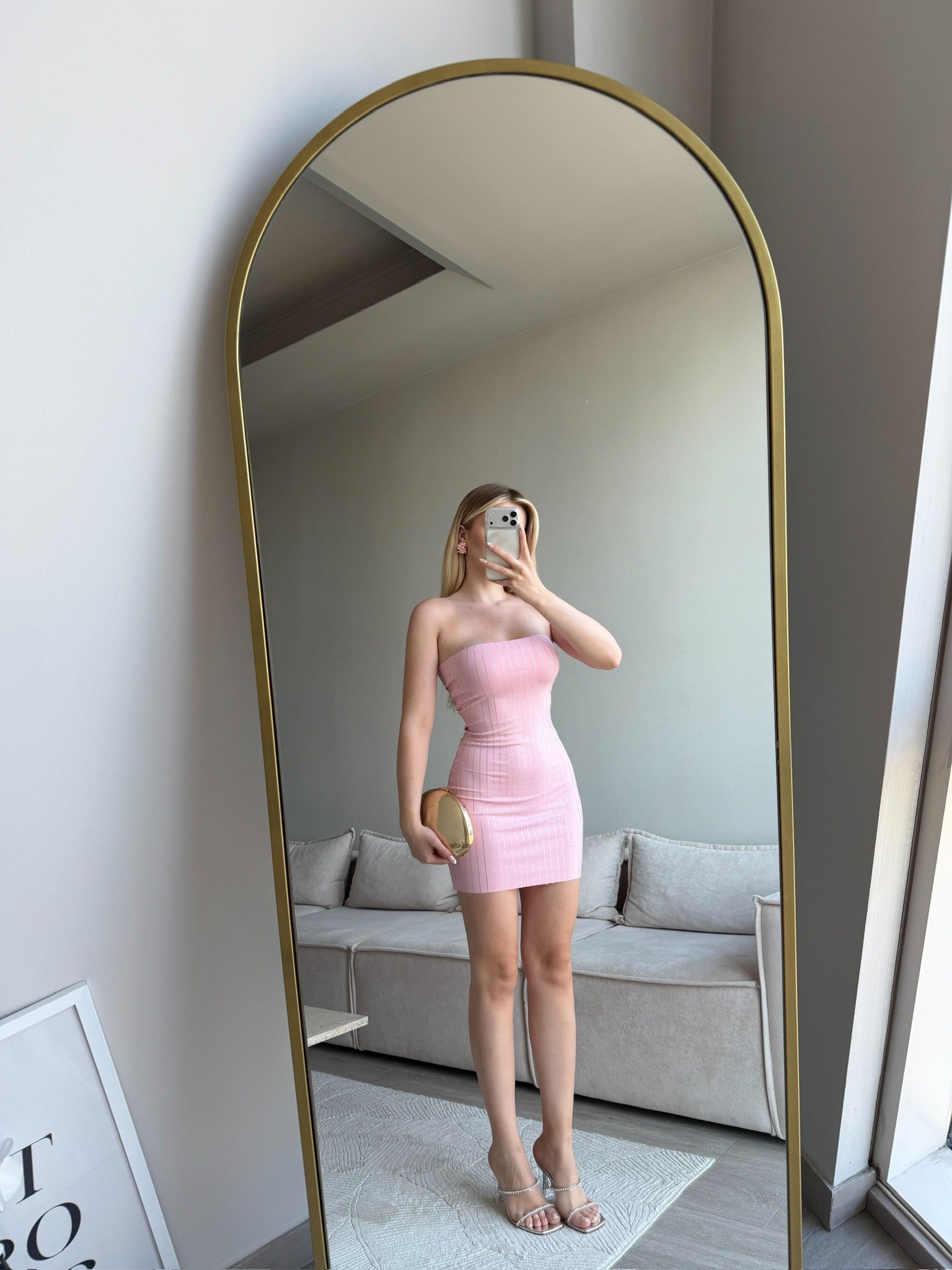 Zwilling Pink Taş Çizgi Detay Mini Elbise