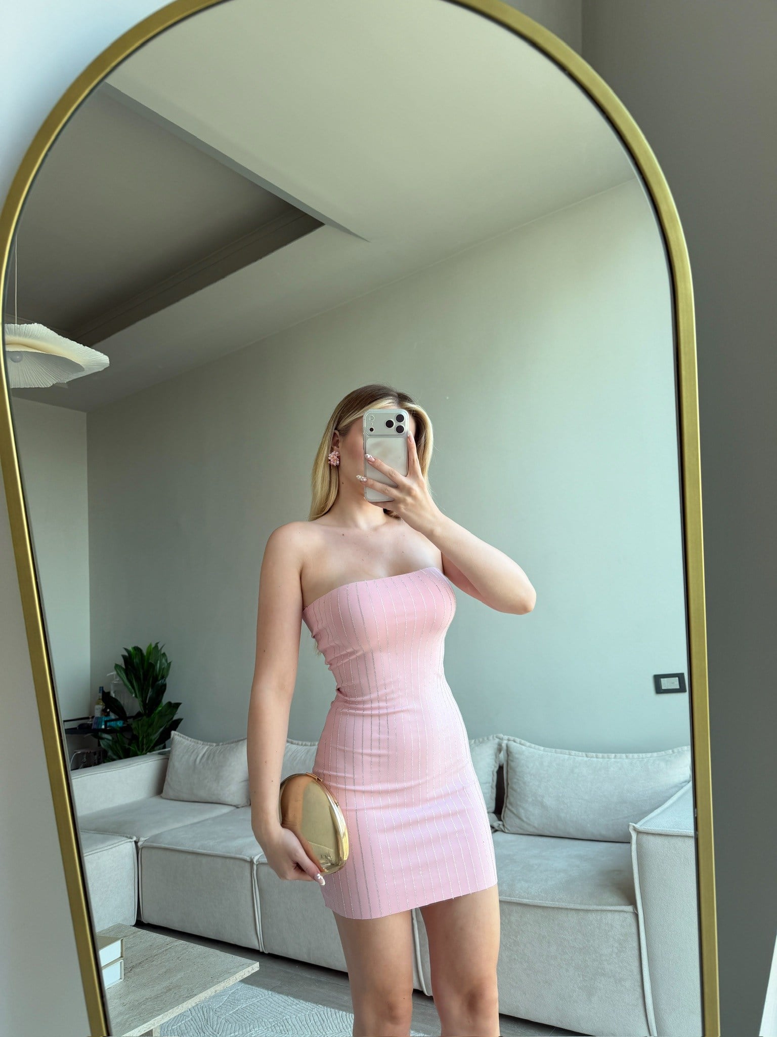 Zwilling Pink Taş Çizgi Detay Mini Elbise
