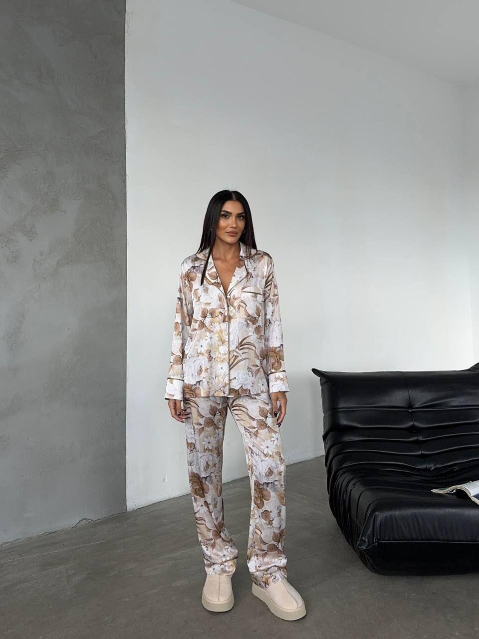 İpek Saten Pijama Kahve Çiçek Desenli