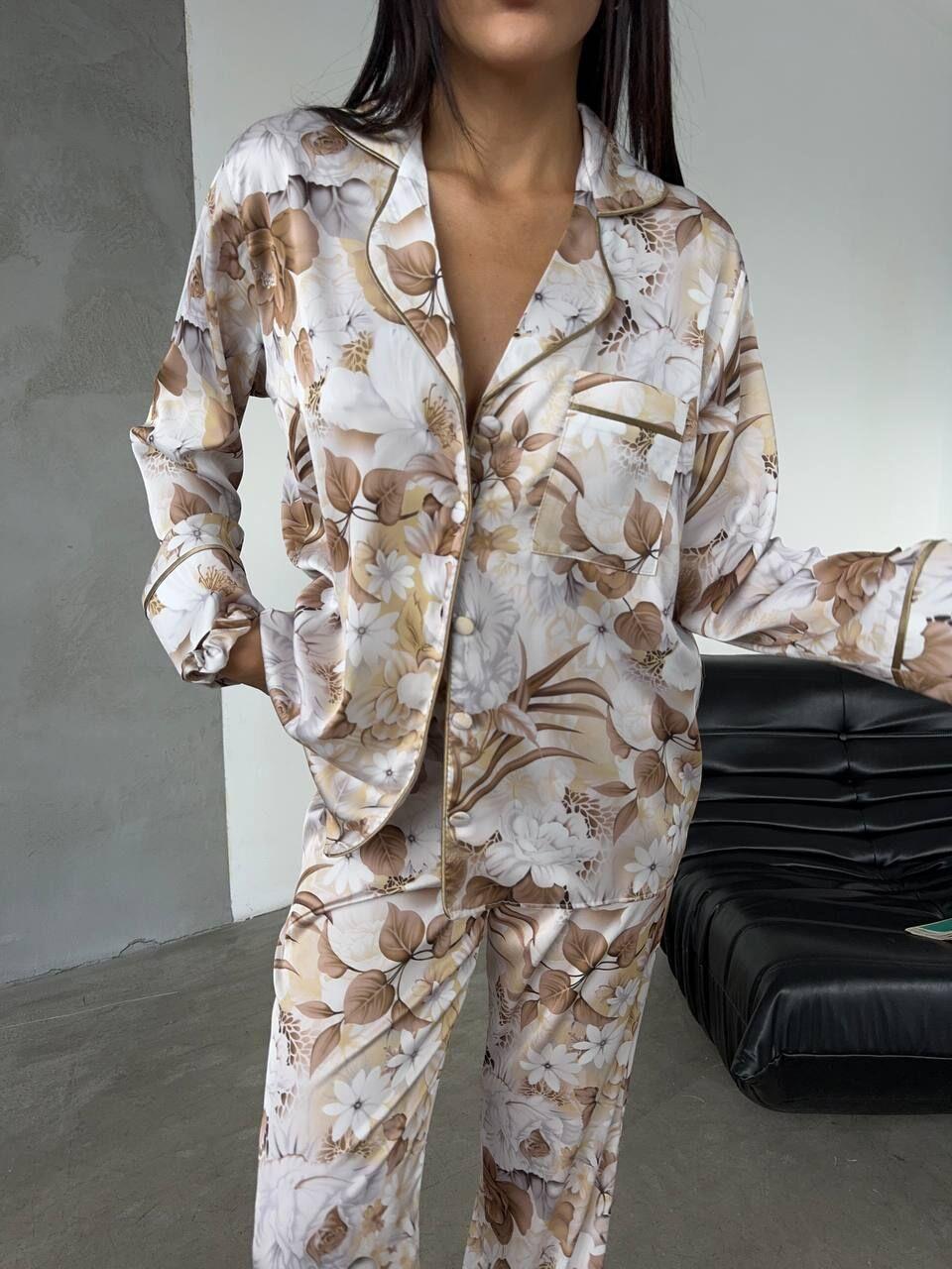 İpek Saten Pijama Kahve Çiçek Desenli