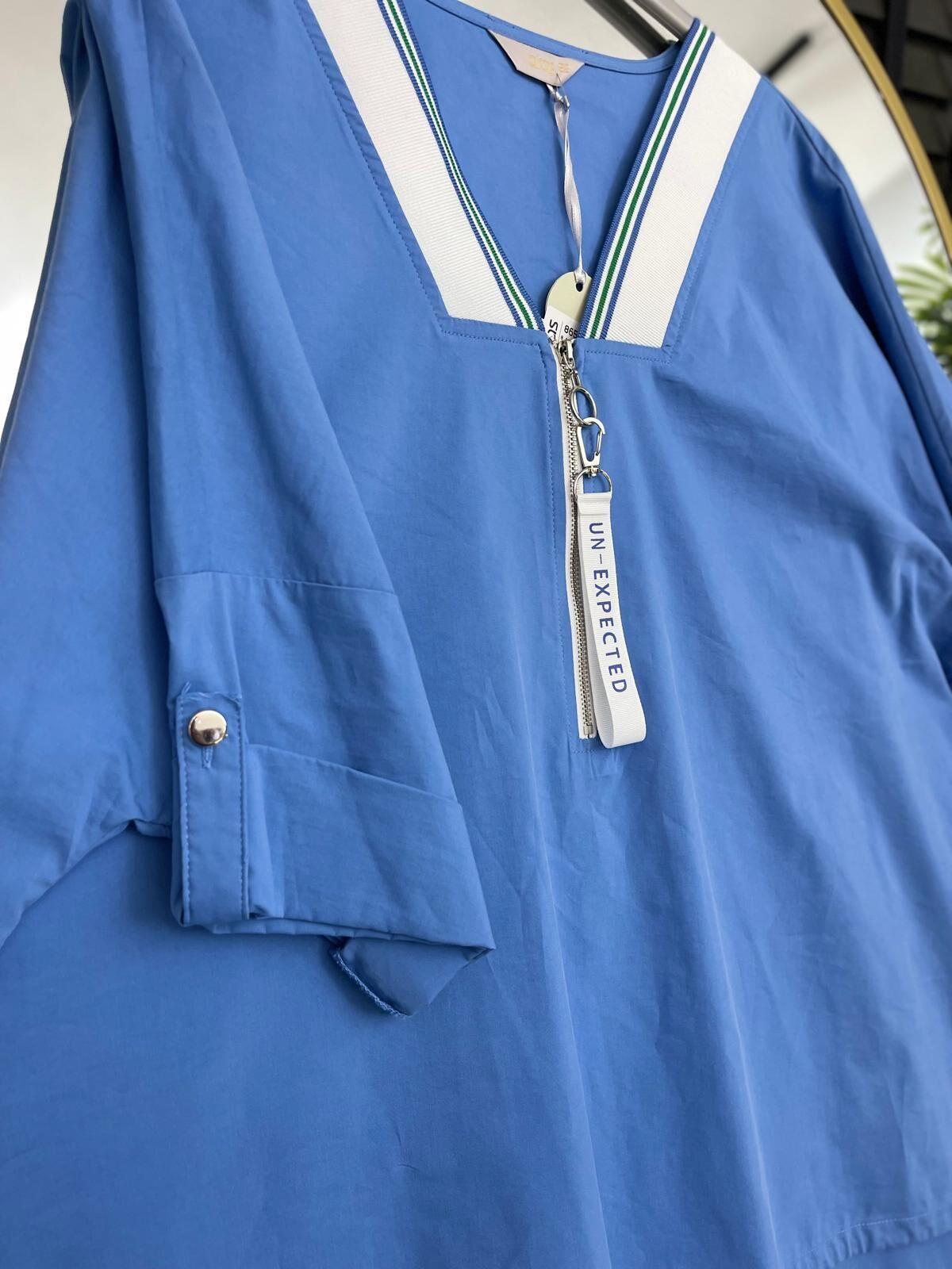 V Yaka Fermuarlı  Beli Büzgülü Bluz