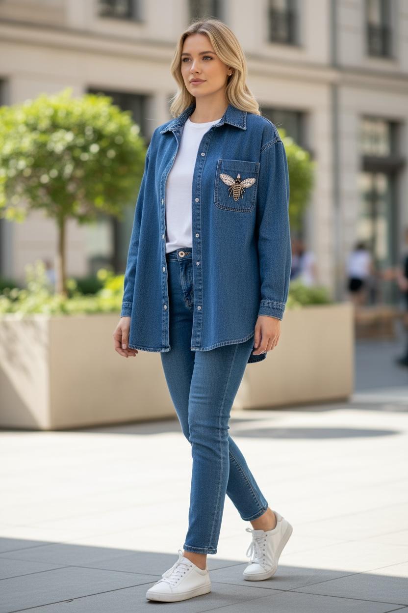 “Denim Charm” – Arı Detaylı Kot Gömlek-Ceket