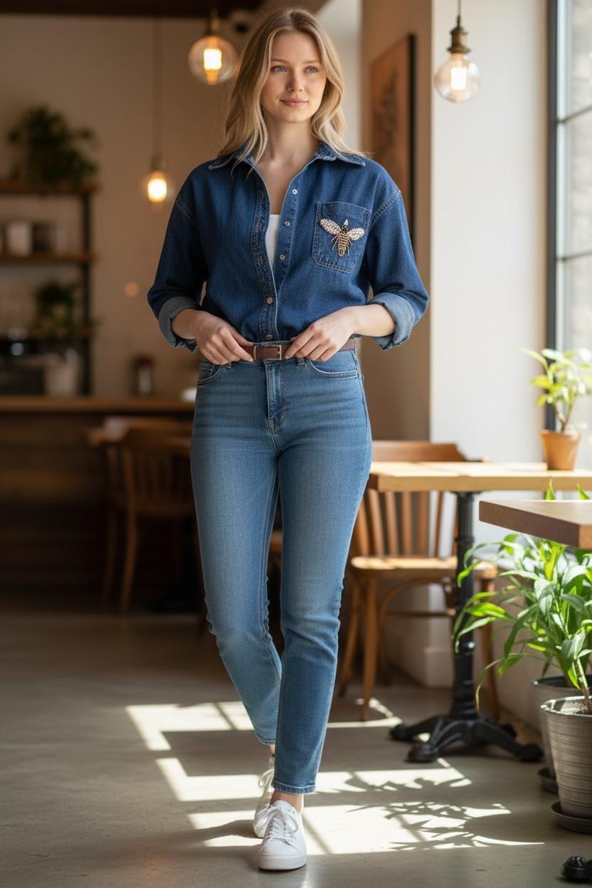 “Denim Charm” – Arı Detaylı Kot Gömlek-Ceket