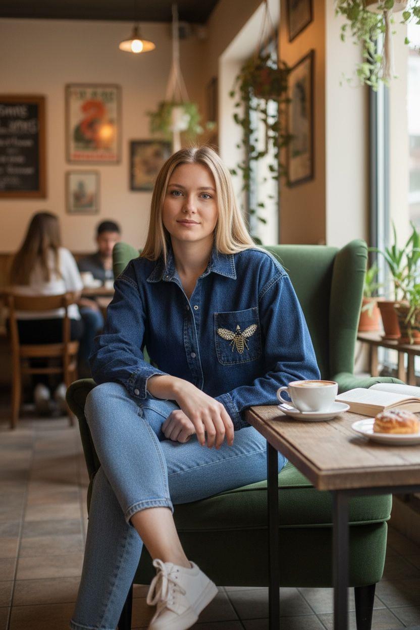 “Denim Charm” – Arı Detaylı Kot Gömlek-Ceket