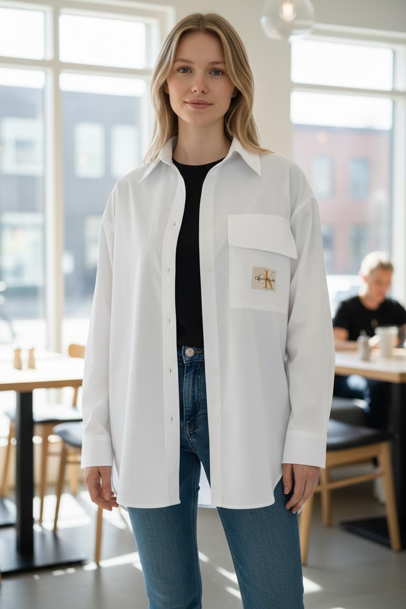 “Pure Icon” – Gold Logolu Oversize Gömlek