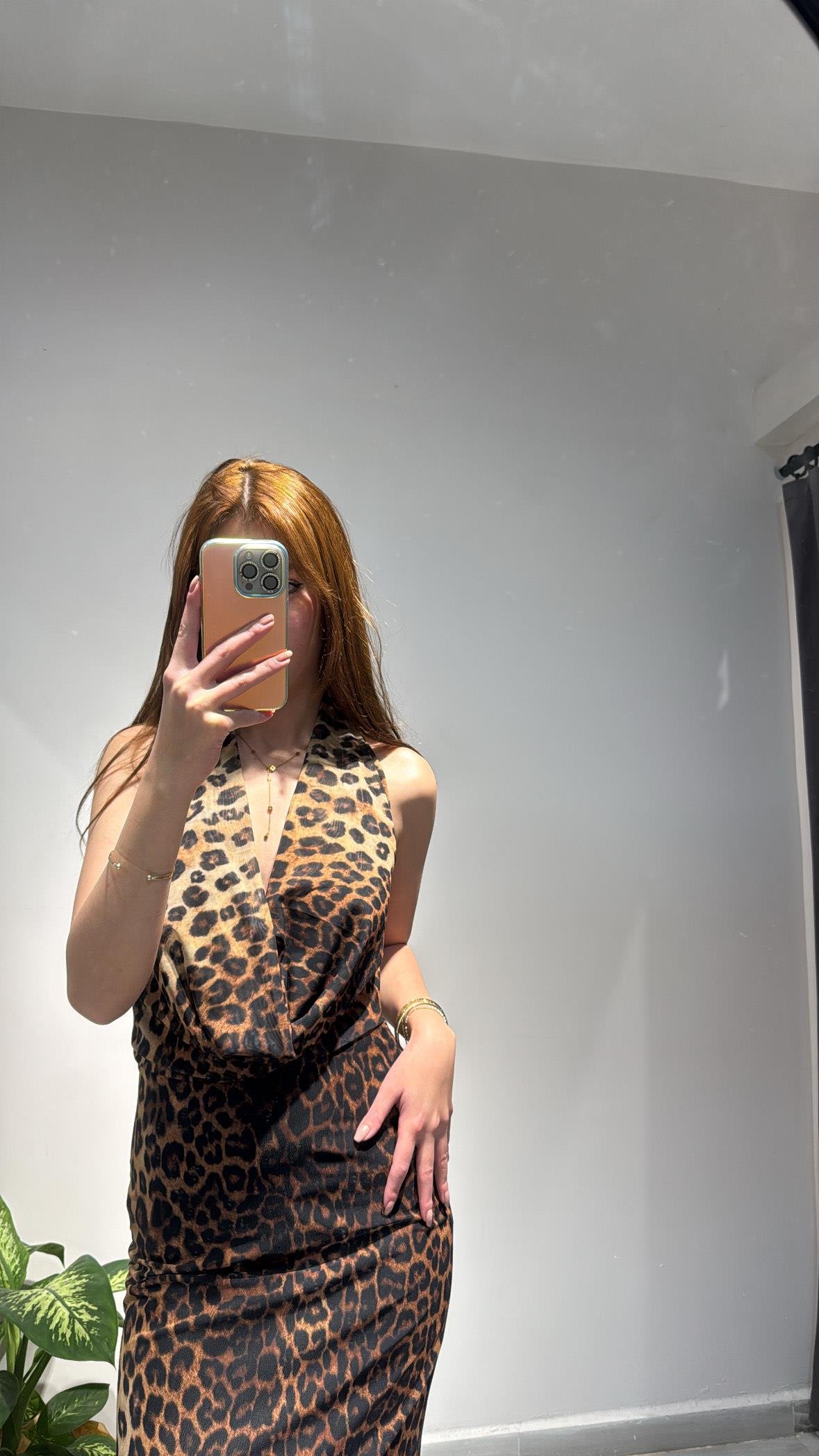 BOYUNDAN GEÇMELİ LEOPAR ELBİSE