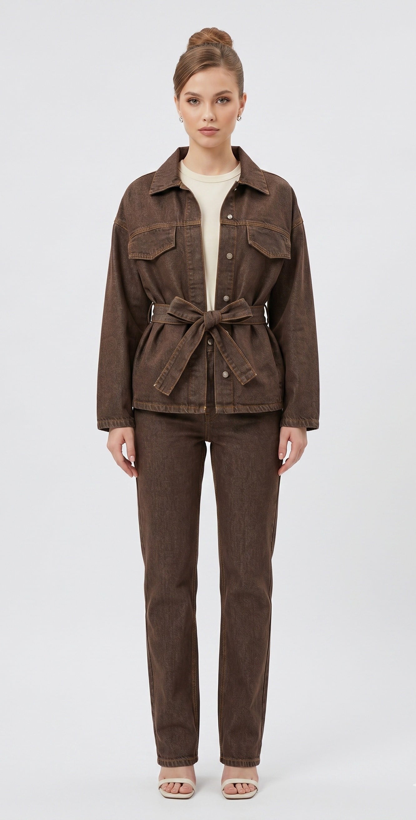 OLIVE-0274-1 JEAN CEKET KAHVE