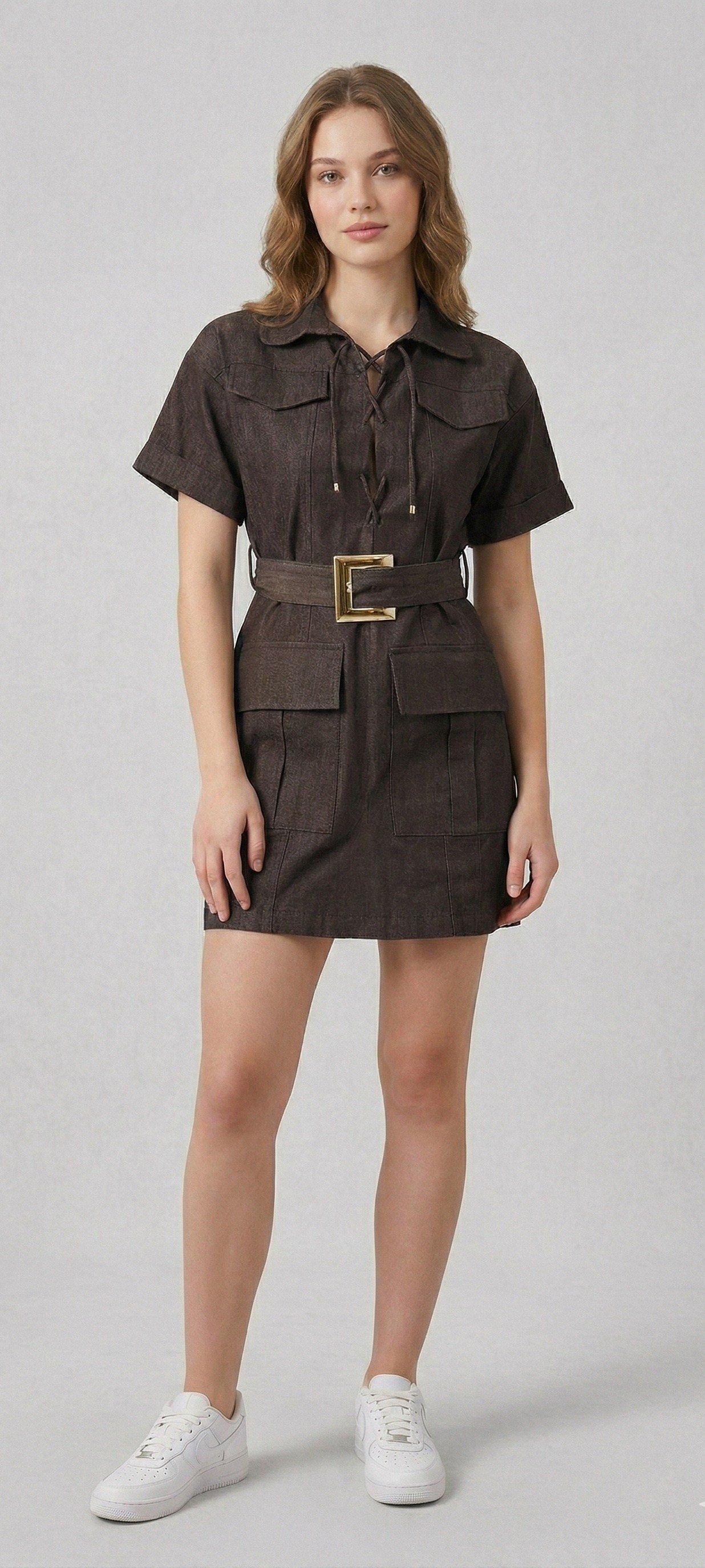 OLIVE-0806 GOLD KEMER SAFARİ ELBİSE KAHVE