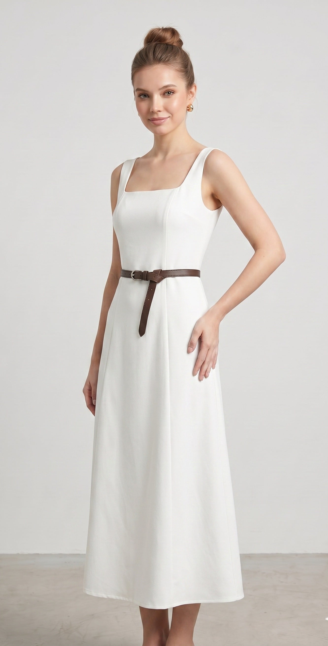 OLIVE-1021 KARE YAKA KEMER ELBİSE EKRU