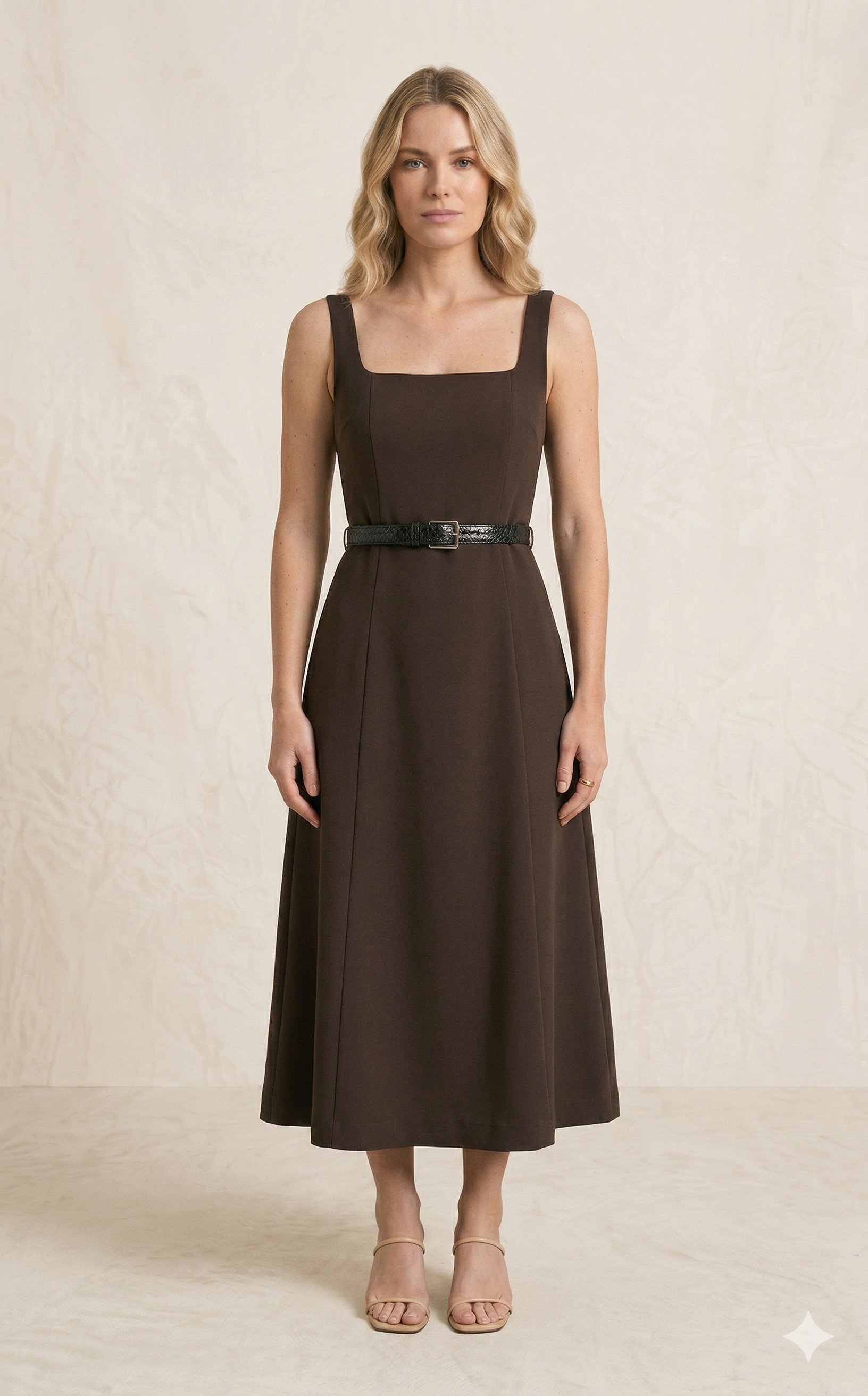 OLIVE-1021 KARE YAKA KEMER ELBİSE KAHVE