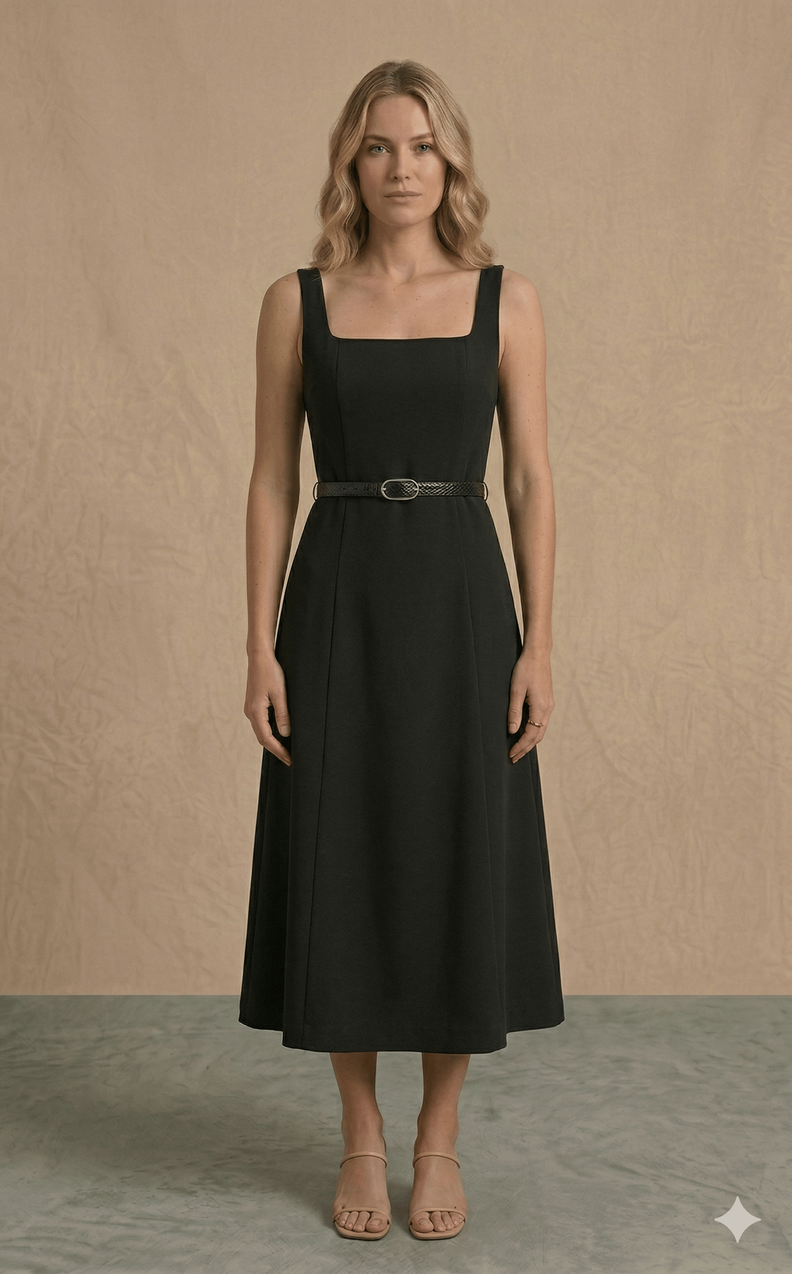 OLIVE-1021 KARE YAKA KEMER ELBİSE SİYAH