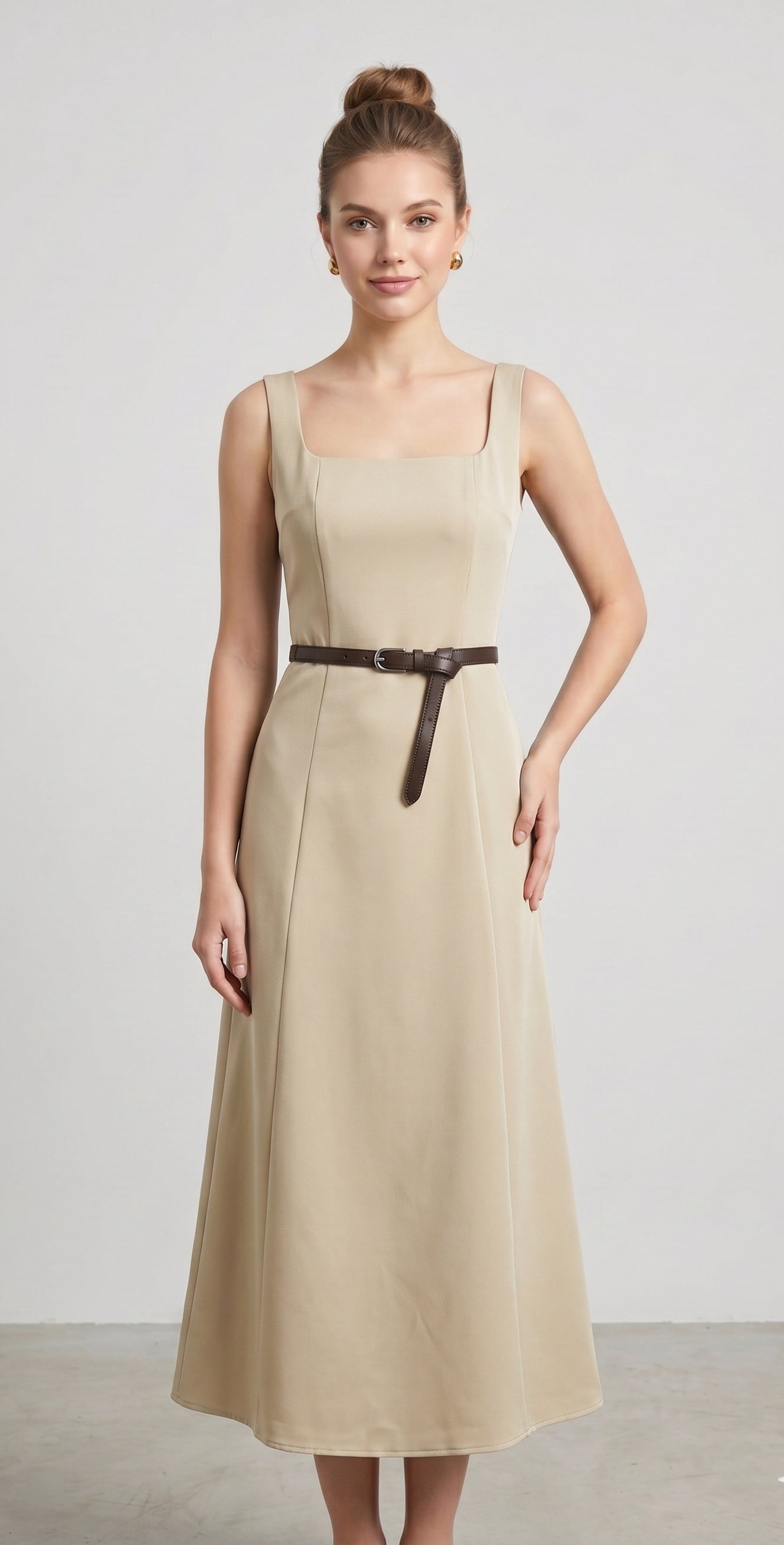 OLIVE-1021 KARE YAKA KEMER ELBİSE TAŞ