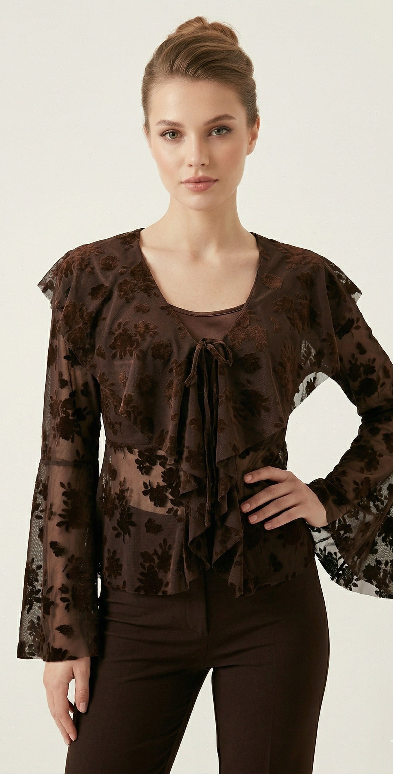 OLIVE-15033 FLOK BASKI BLUZ KAHVE