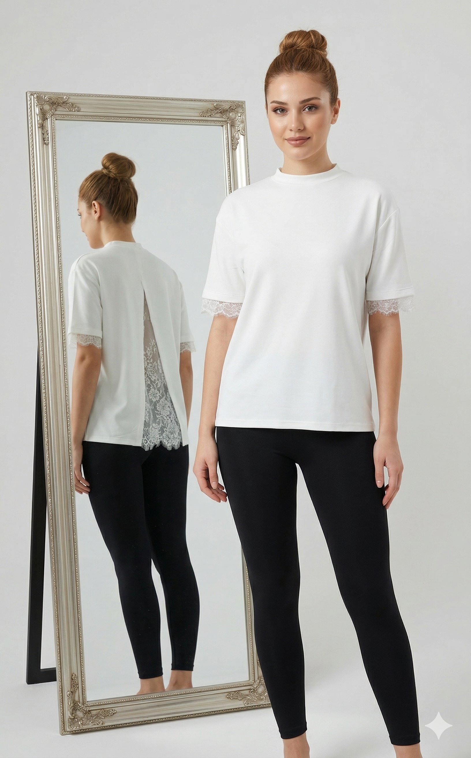 OLIVE-1555 TERS V DANTEL TSHIRT BEYAZ