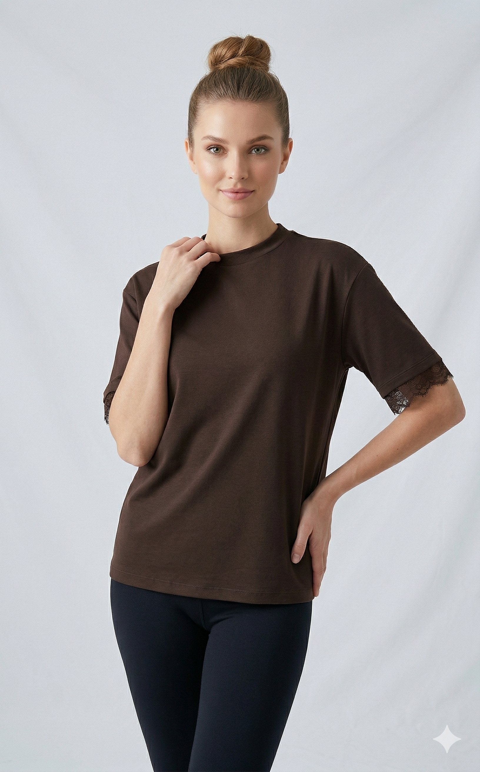 OLIVE-1555 TERS V DANTEL TSHIRT KAHVE